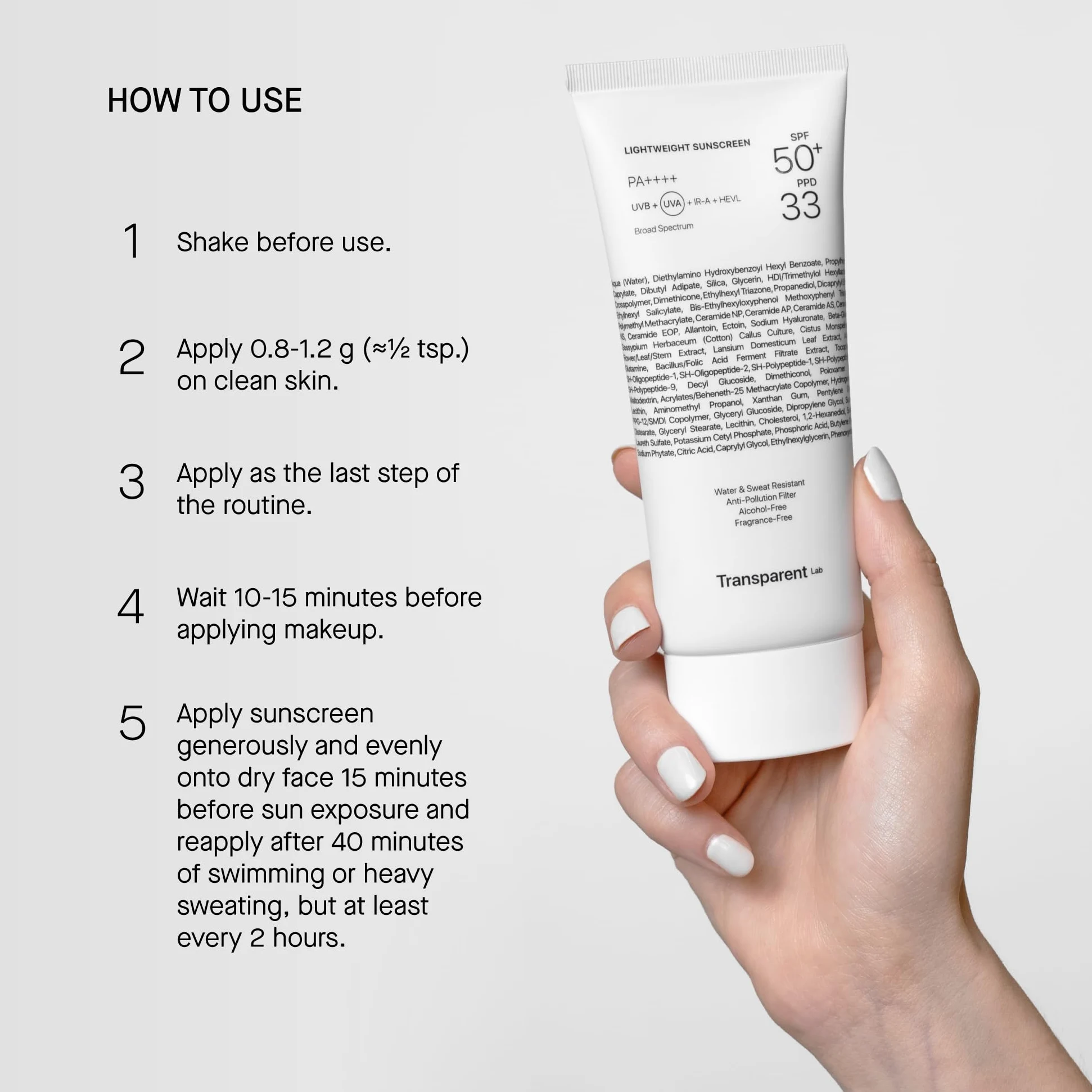 Transparent Lab Lightweight Sunscreen SPF50+ Facial Sunscreen 100ml UVA/UVB/HEVL Protection