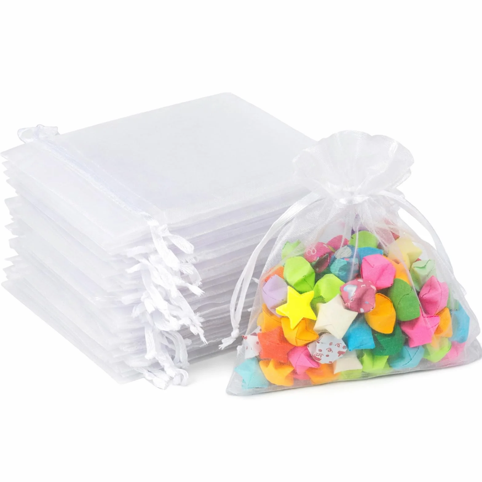 G2PLUS Białe woreczki z organzy, małe, 10 x 12 cm, na prezent, 50 sztuk ze ściągaczem, jako ślubne torebki na cukierki, woreczek na biżuterię