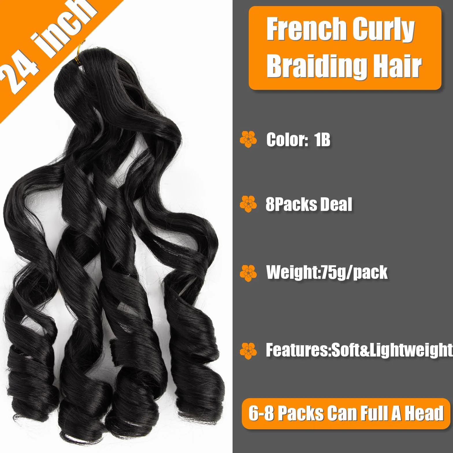 Francuskie Curly Hair 24 cale Pre Stretched Bouncy Braiding 8 Pack, Curly Ends French Curl Braids Crochet Hair Extensions (1B)