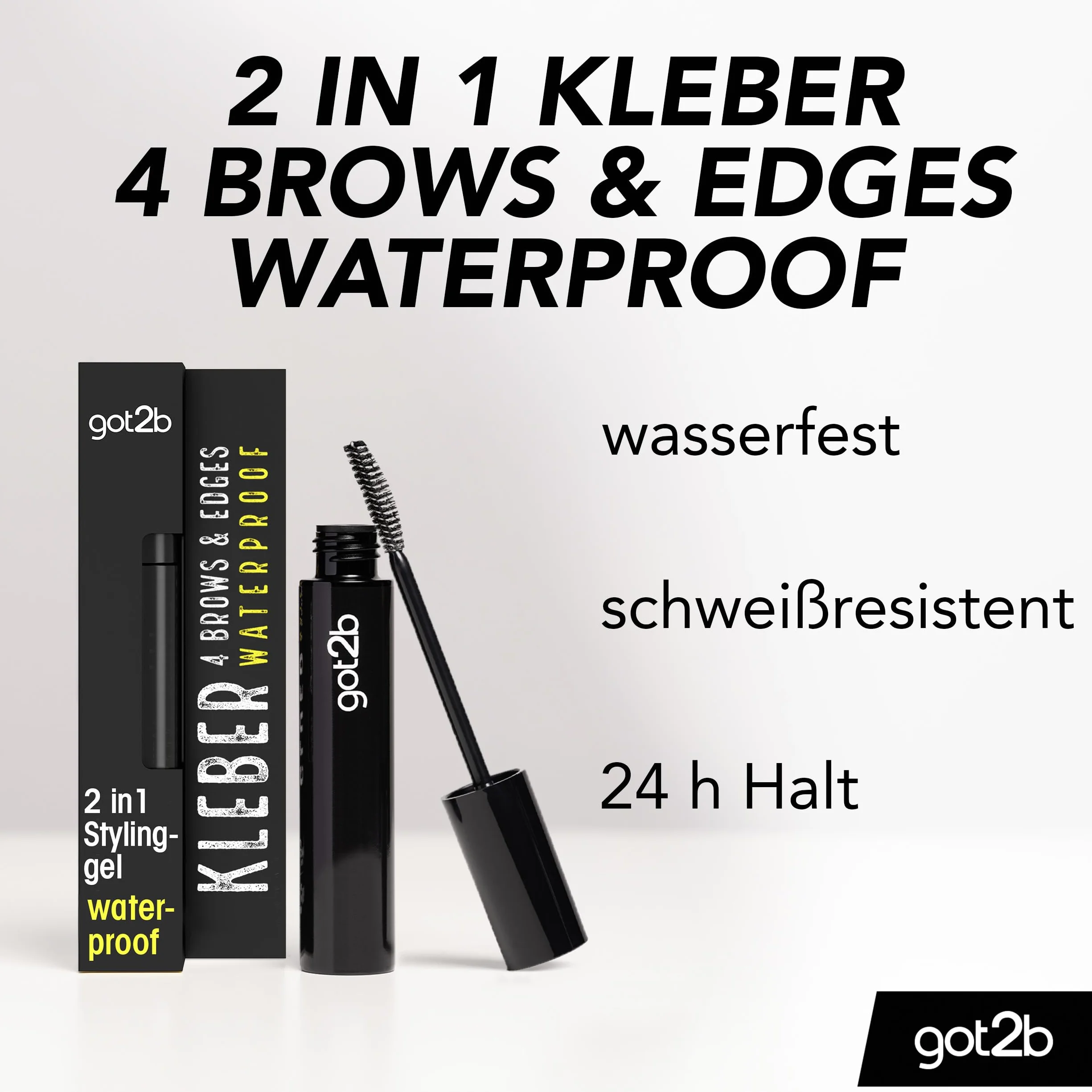 got2b Klej 4 Brows & Edges Waterproof (16 ml), żel do brwi i włosów 2 w 1, odporny na pot i wodę, utrzymuje się do 24 h, z praktyczną szczotką do brwi do stylizacji konturów włosów i krawędzi