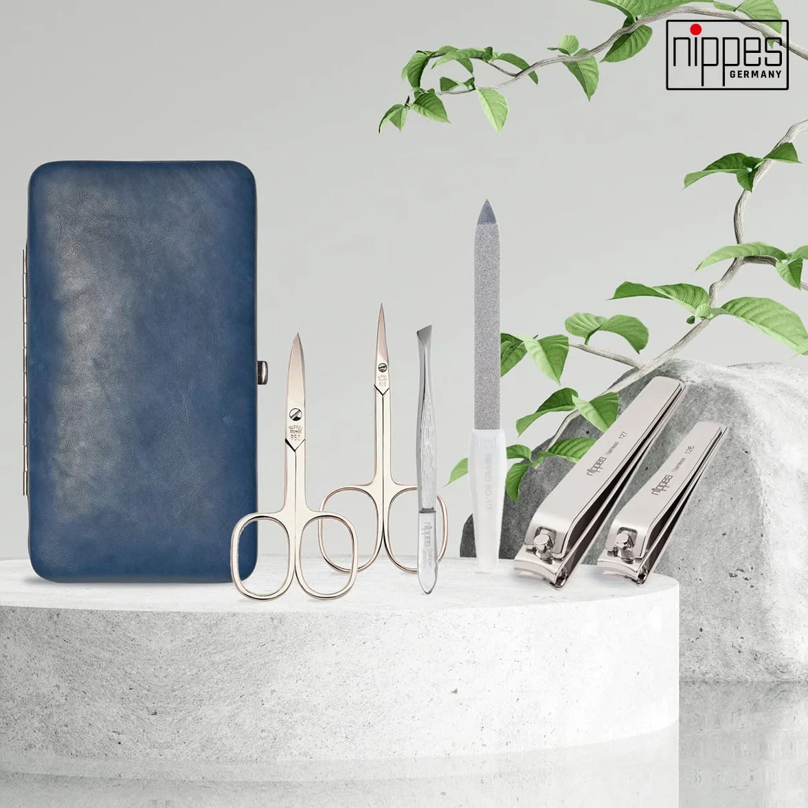 nippes Solingen Zestaw do manicure vintage, 7-częściowy, antyczna skóra bydlęca, zestaw do paznokci z ramą, miękki zamsz wewnątrz, Made in Germany, zestaw do pielęgnacji paznokci z niklowanymi