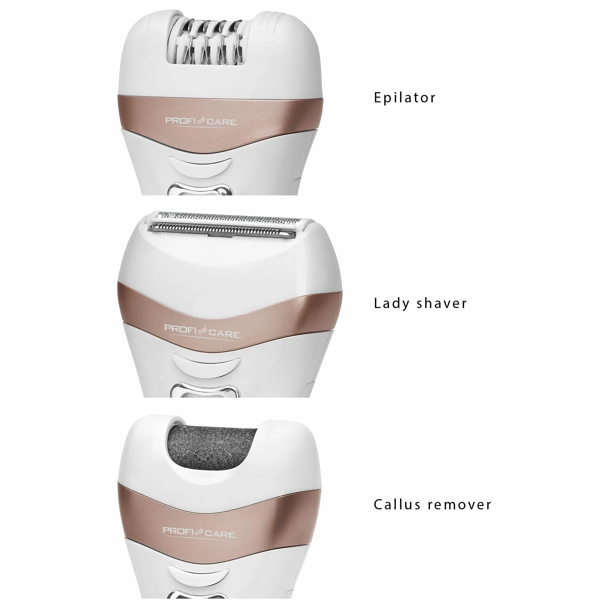 ProfiCare Depilator PC-LBS 3002 3 w 1, Lady Shaver i przyrząd do usuwania zrogowaciałego naskórka w jednym, zasilany akumulatorem, z praktyczną torbą do przechowywania, biało-szampański