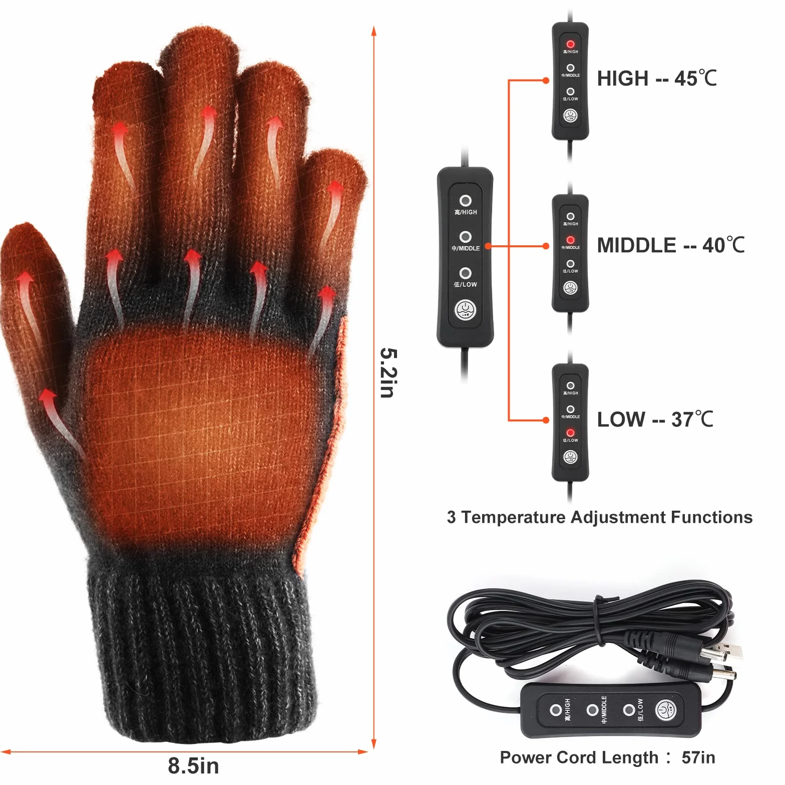 podgrzewane rękawiczki USB dla mężczyzn i kobiet, elektryczne podgrzewane rękawiczki z regulacją temperatury, dzianinowe, wełniane, USB, ogrzewacze do rąk, rękawiczki do pisania, zmywalne,