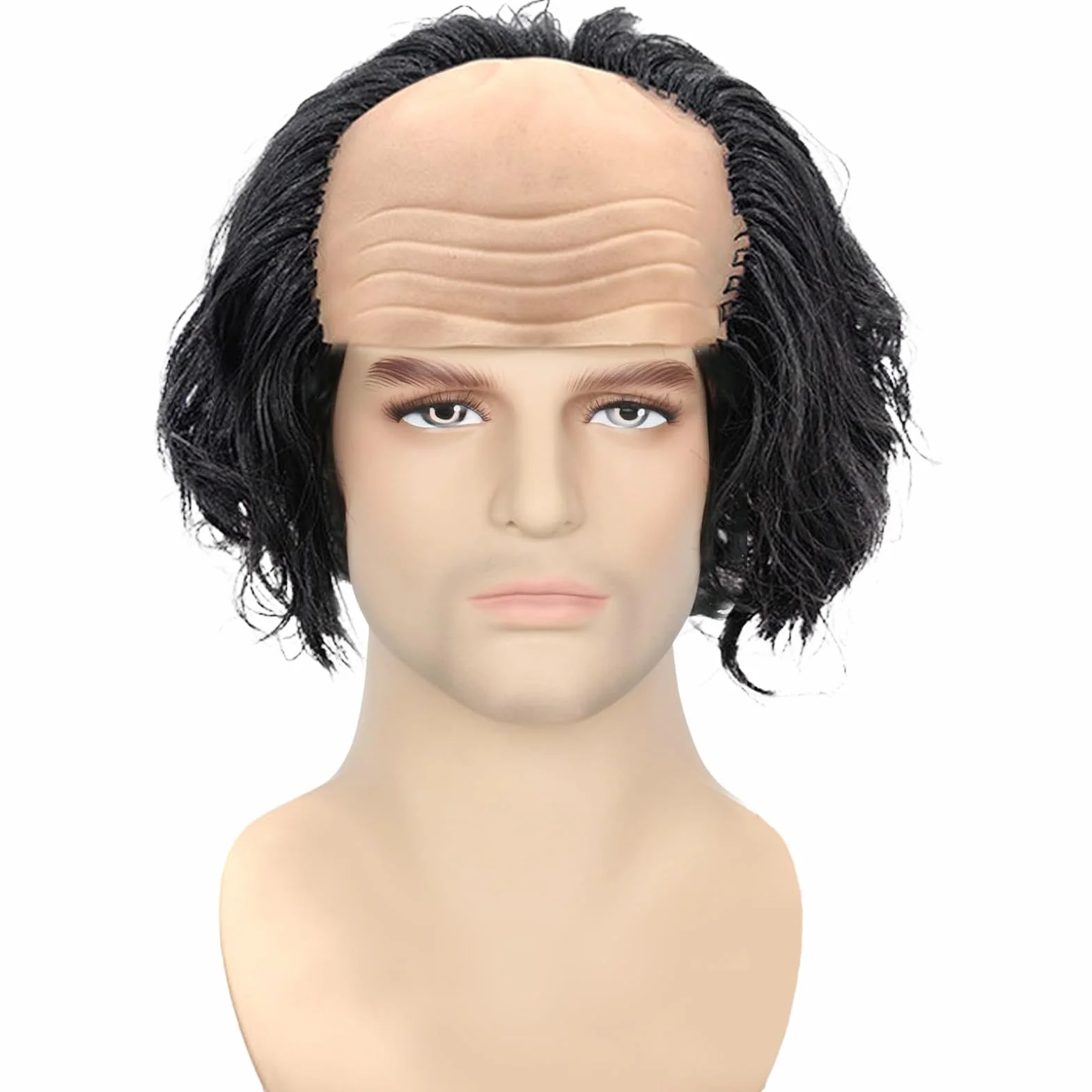 Peruka męska, peruki, pół włosów, łysa peruka, łysy kapelusz, męskie kostiumy cosplay, akcesoria na imprezę halloweenową Fiesta Props, szalony profesor (czarny)