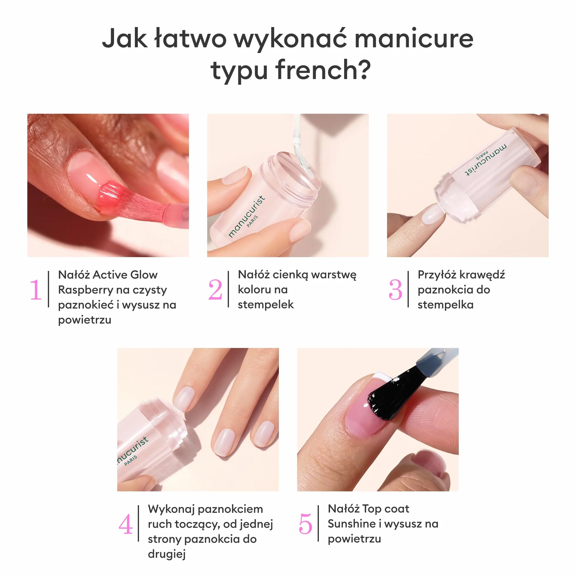 Manucurist – Zestaw Active French Manicure Routine – Active™ Glow Raspberry Lakier Wzmacniający, Green™ Crème Mini, Mani Stamper oraz Sunshine Top Coat Efekt Żelowy – French Manicure Kit