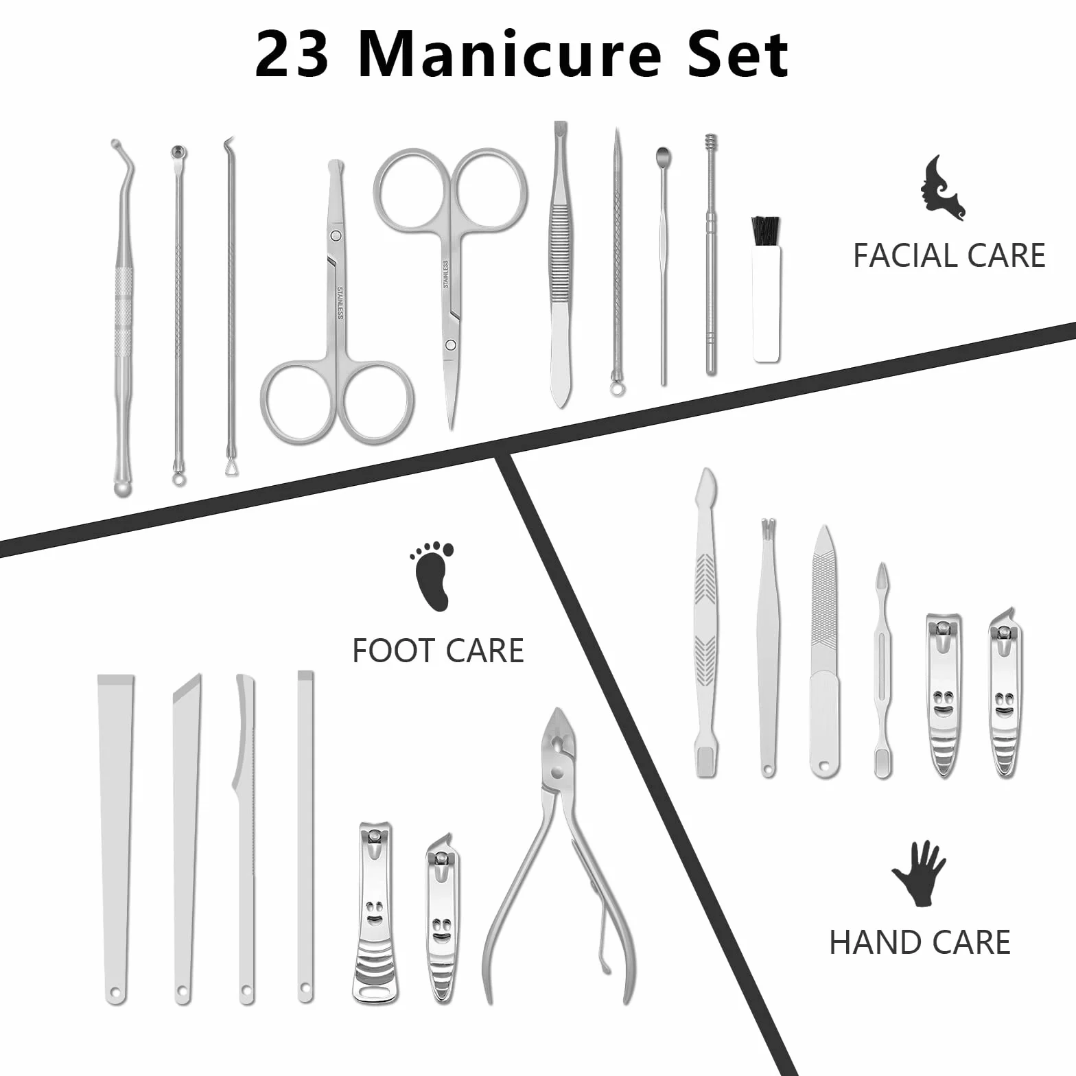 Zestaw do manicure, profesjonalny obcinacz do paznokci, narzędzia do pielęgnacji pedicure, 23 szt., narzędzia do pielęgnacji ze stali nierdzewnej z czarnym etui ze skóry PU, do podróży lub domu (kolor