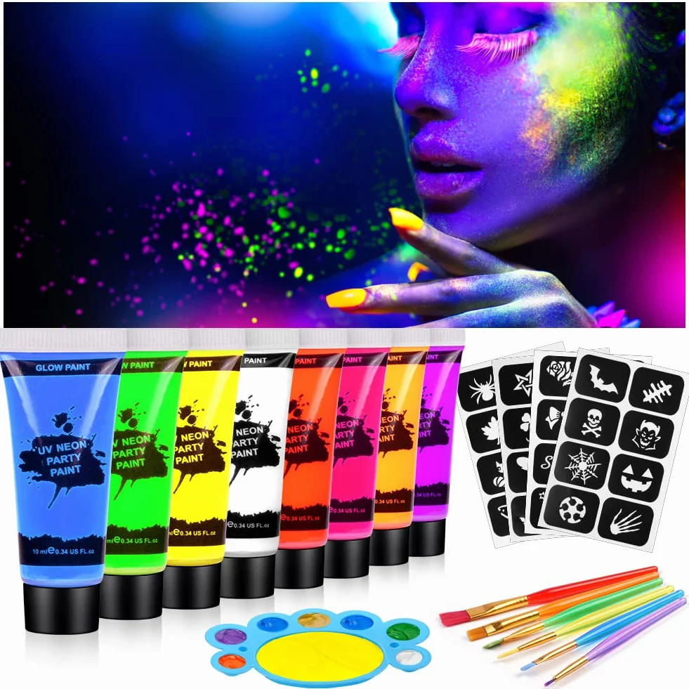 AOOWU Zestaw farb do twarzy 8 kolorów UV neonowa fluorescencyjna nietoksyczna z pędzlem paletowym