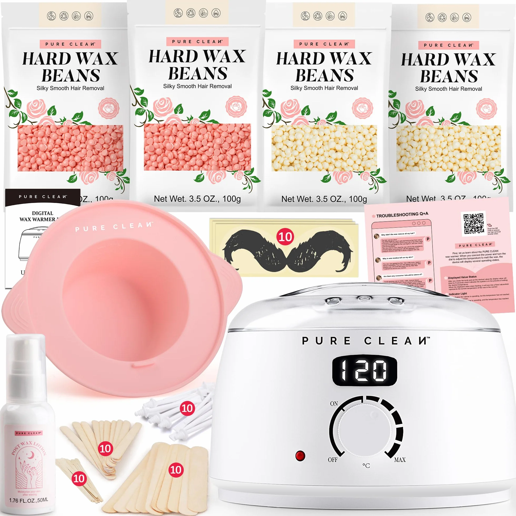 PURECLEAN Zestaw do podgrzewania wosku do depilacji - 4 opakowania perełek woskowych, balsam po depilacji, miska silikonowa - 54 elementy dla wszystkich rodzajów włosów - Twarz, Bikini, Ciało.