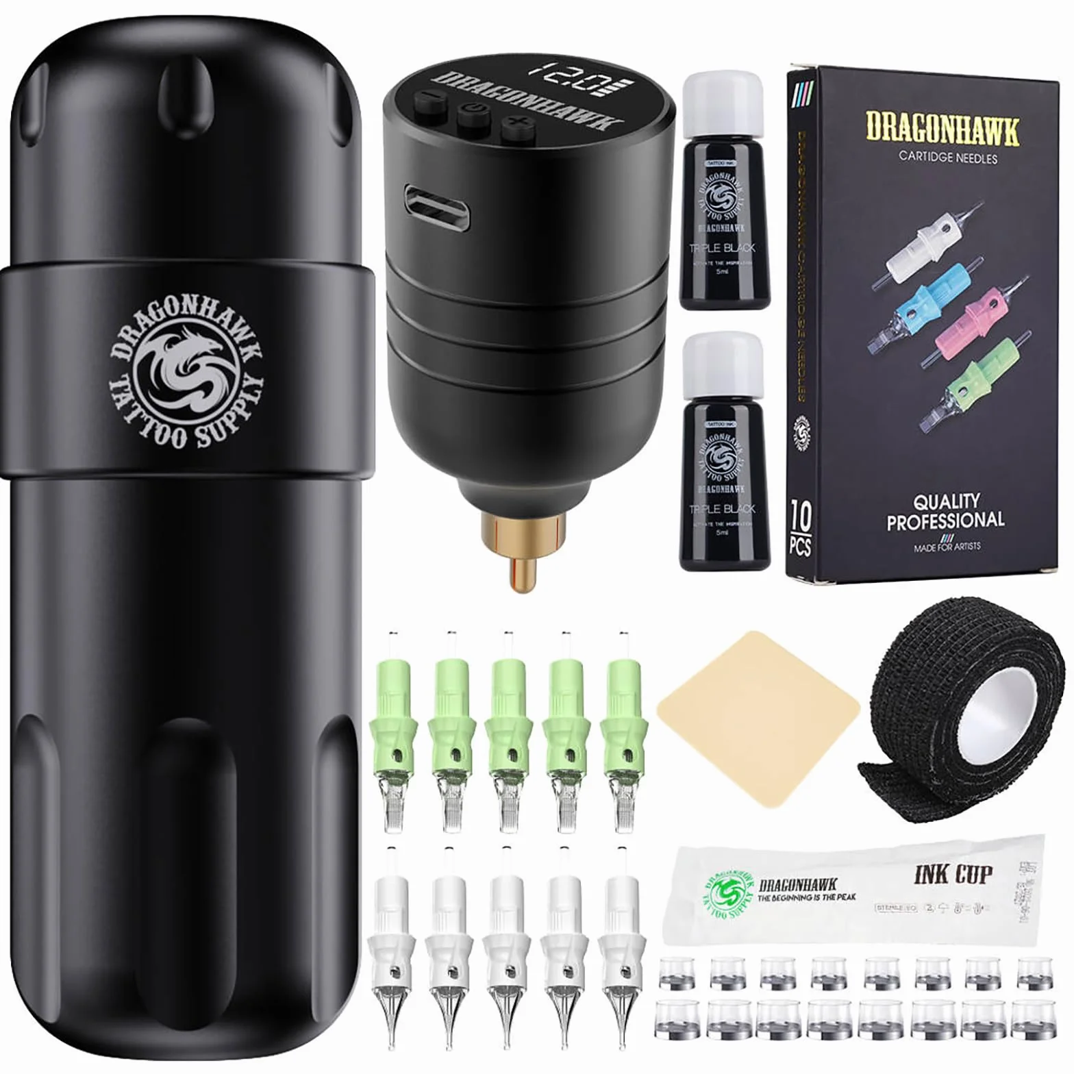 Dragonhawk S8 Tattoo Kit Wireless Battery Pen Machine Set Rotary Tattoo Motor Pen with Cartridges