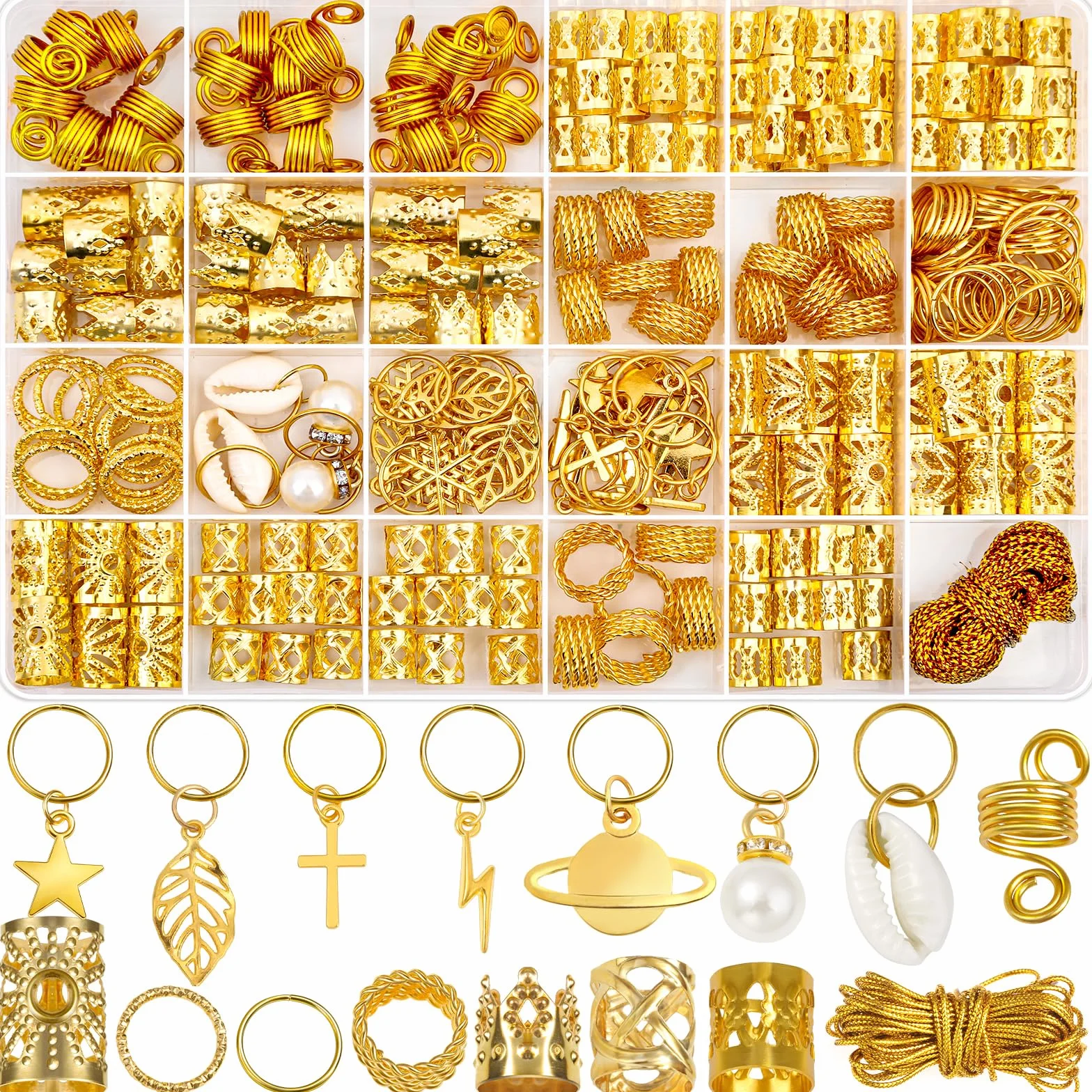 Lucomb 259 sztuk Hair Jewelry for Braids, Loc Jewelry for Hair Dreadlock, Hair Jewelry for Women, Metal Gold Braids Ring Cuffs Cuffs Clip for Dreadlock Accessories Hair Braids Jewelry Decorations