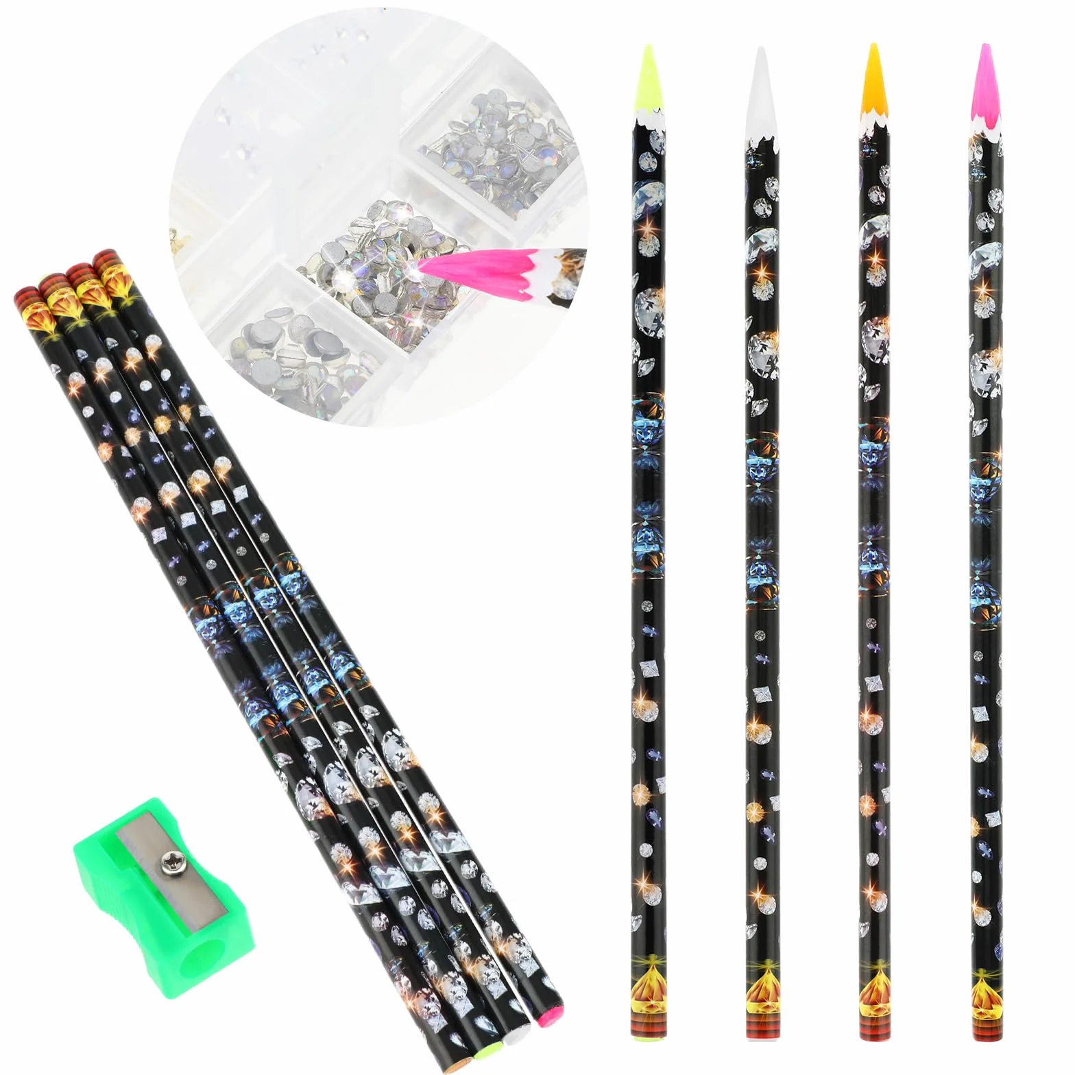 4 szt. Nail Point Diamond Drill Pen, Mabor Self Adhesive Resin Rhinestones Pen Picker Pencil with Pencil Sharpener Gem Pick up Tools for Girls Women Nail DIY Decoration