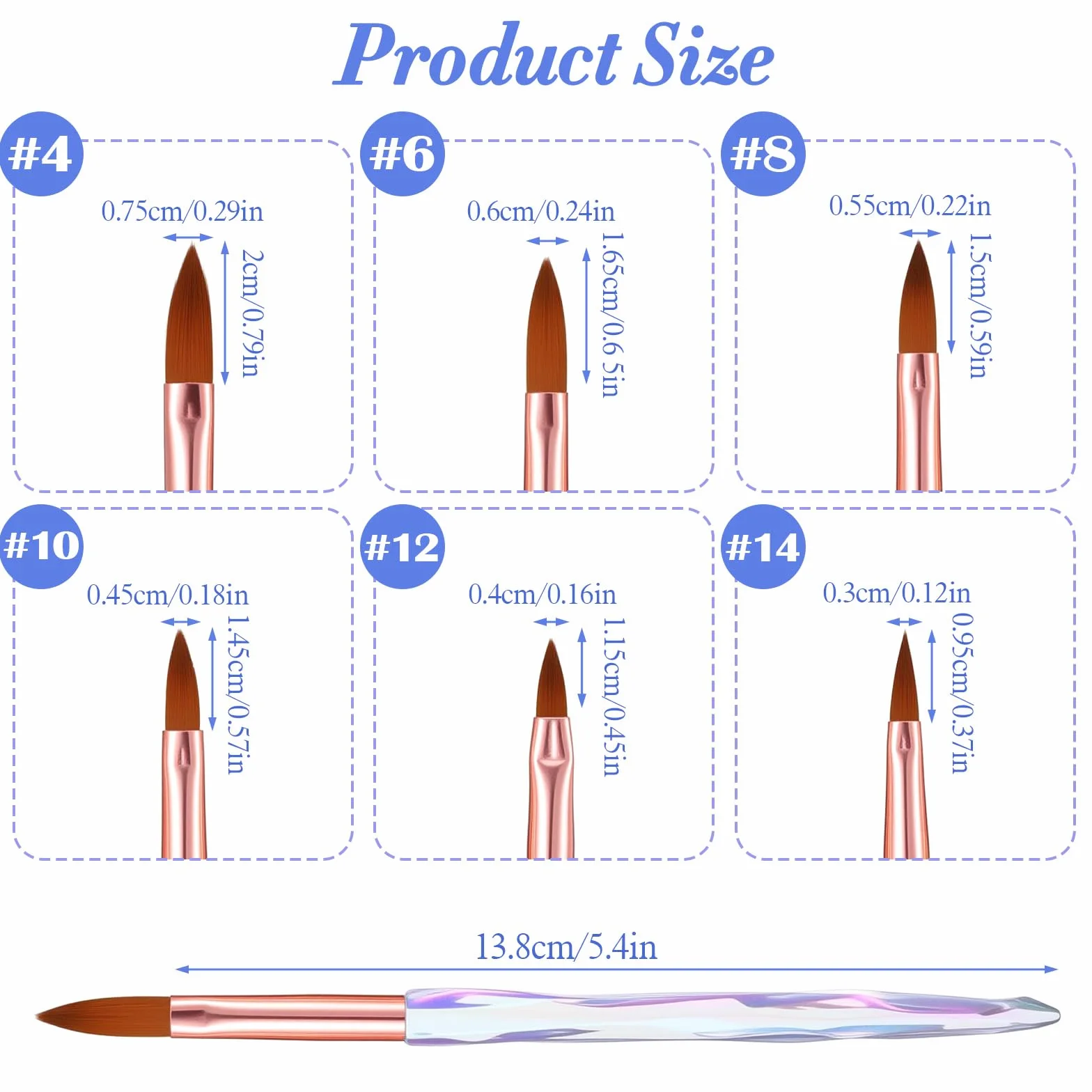 Kolinsky zestaw akrylowych pędzli do paznokci, 6, 8, 10, 12, 14, profesjonalne pędzle do manicure do nakładania pudru akrylowego, przedłużanie i rzeźbienie 3D Kolinsky pędzle do zdobienia paznokci do
