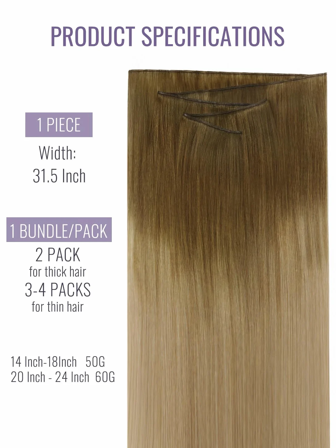 Fshine Treski do przedłużania włosów, prawdziwe włosy, 50 g, 40 cm, balejaż, złoto-brązowe, falujące do brązowych, proste przedłużki, brazylijskie włosy