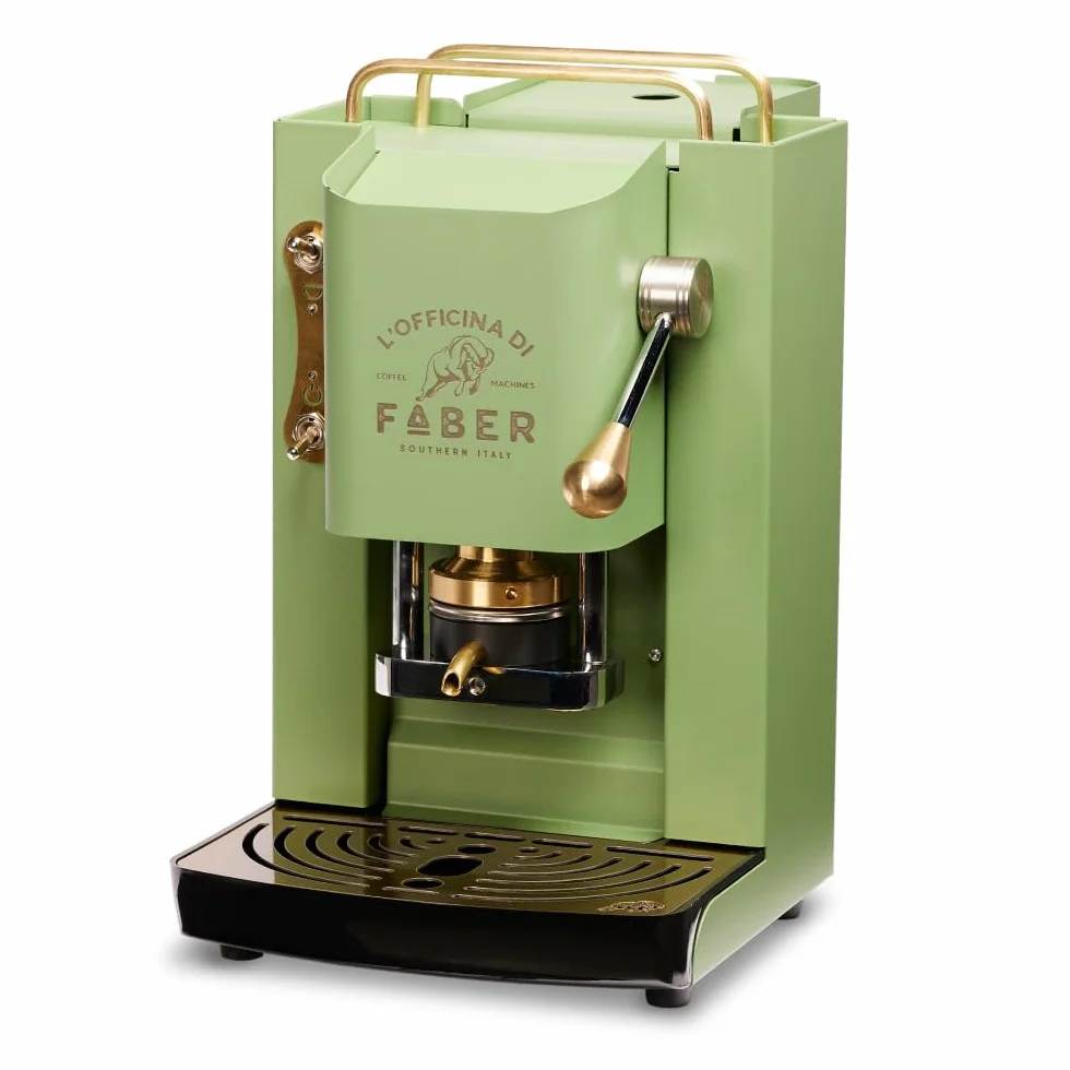 Faber Ekspres do kawy | model Pro Deluxe | Ekspres do kawy ESE 44 mm | wersja powlekana mosiądzem | regulowana prasa do padów z mosiądzu | standardowy zawór elektryczny (neonowa zieleń)