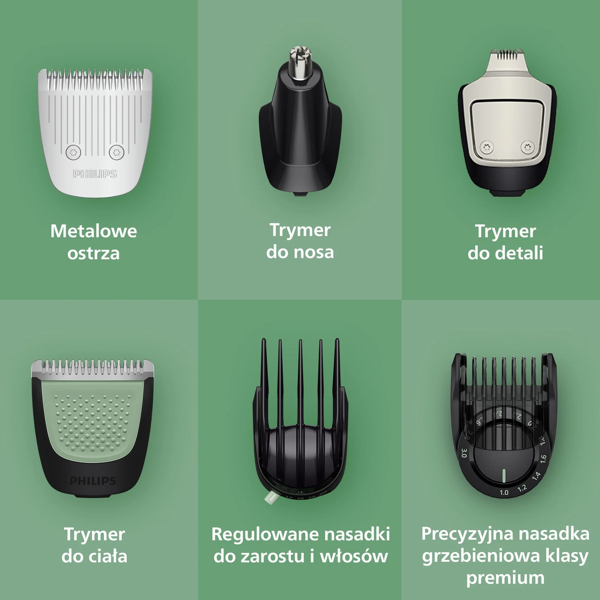 17-elementowy trymer Philips Multigroom All-in-One z serii 7000: trymer do twarzy, głowy i ciała, samoostrzące się metalowe ostrza, 26 ustawień długości (0,5-20 mm), model MG7961/15