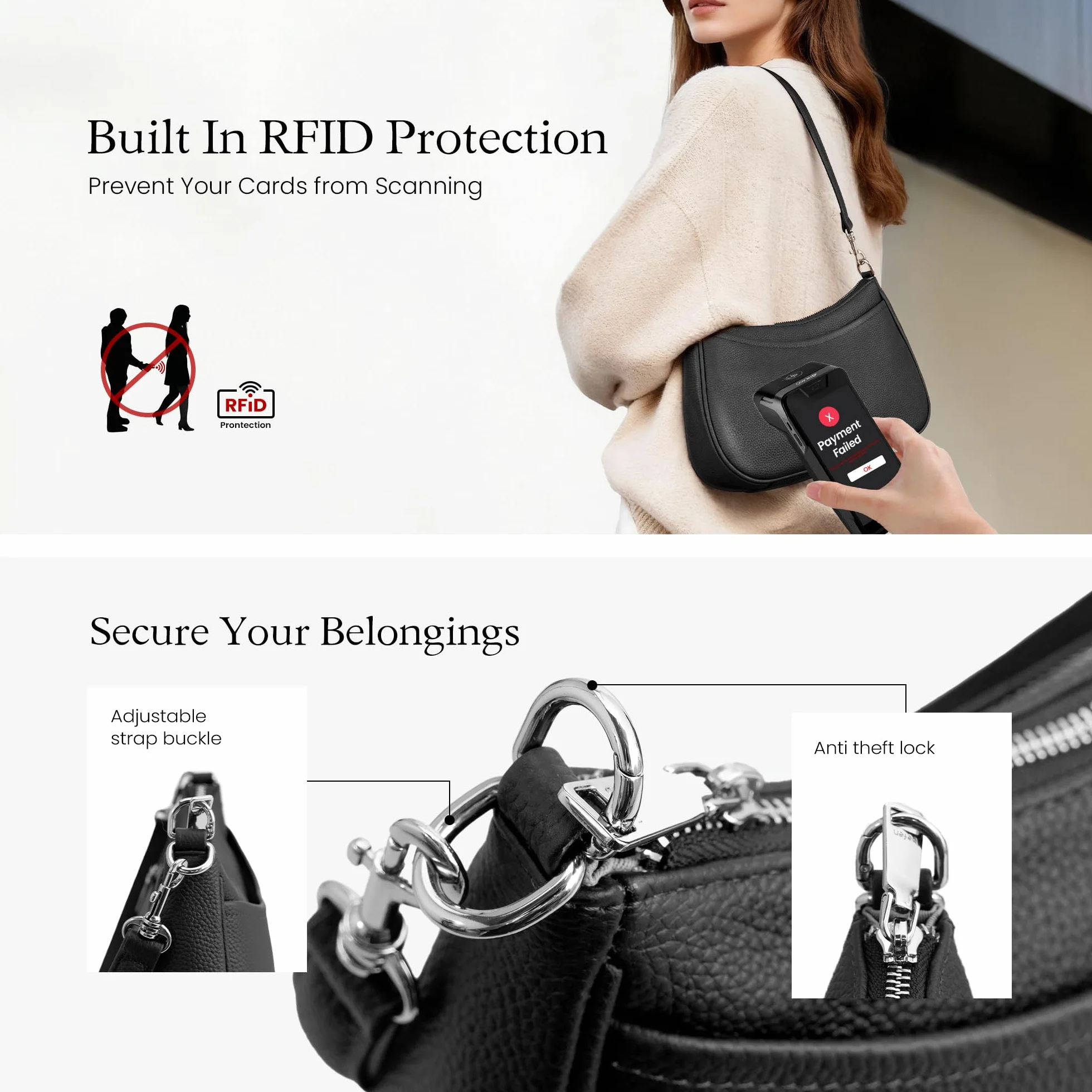 befen Torebka damska z prawdziwej skóry, mała torba na ramię, elegancka torba Hobo Bag dla kobiet, z blokadą RFID, torba na ramię z 2 paskami na ramię – modna, prosta, klasyczna