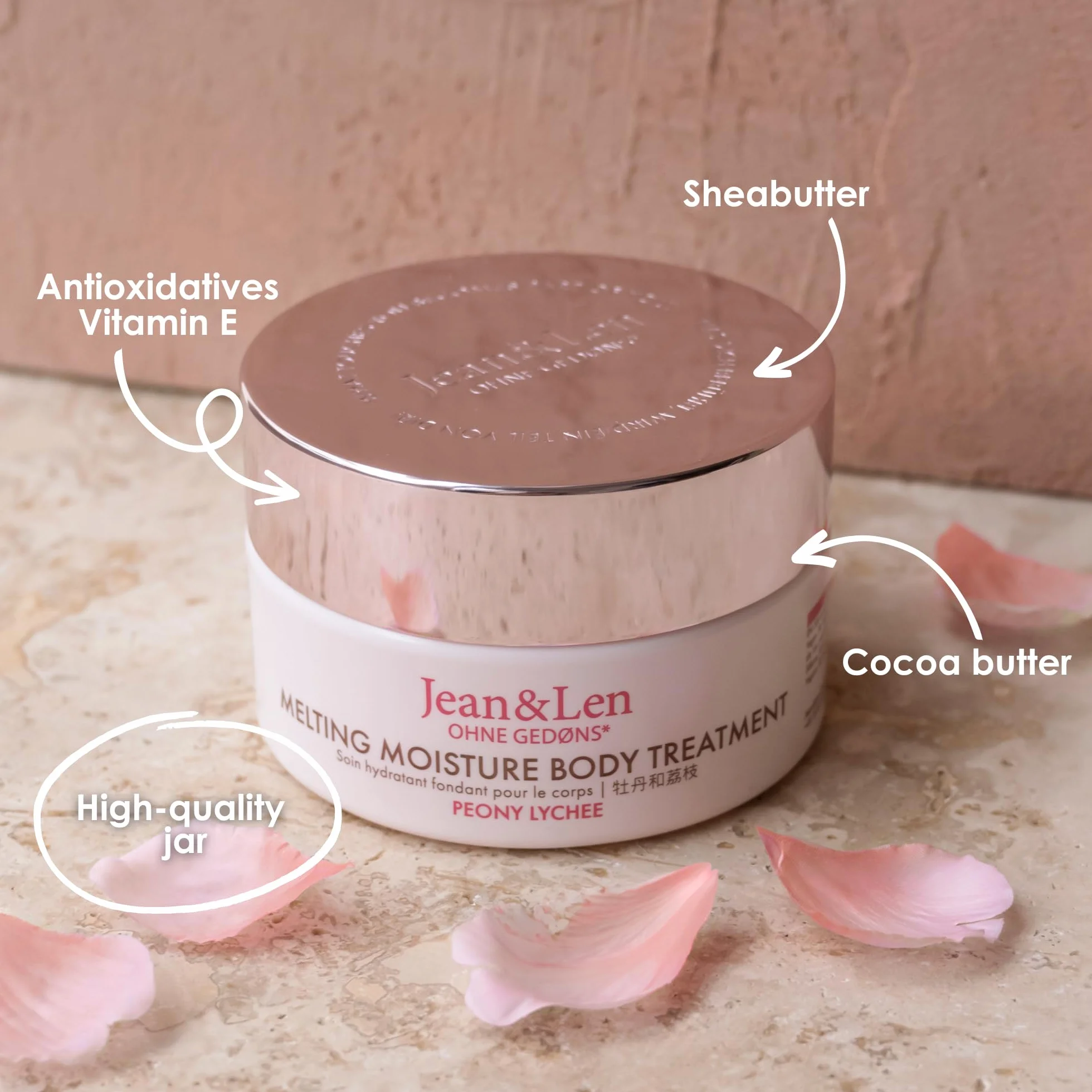 Jean & Len Melting Moisture Body Treatment Peony & Lychee, dla perfumowanych efektów pielęgnacyjnych, masło do ciała, bez parabenów i silikonów, wegańskie, 200 ml