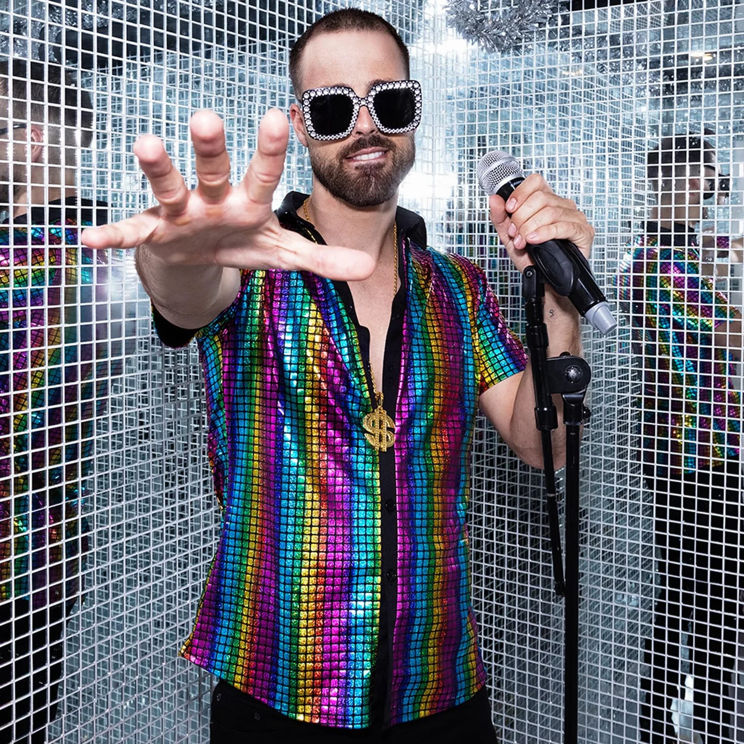Boland - Coloured Disco Shirt, Disco Diamond Shirt, koszula męska z krótkim rękawem, top, koszula imprezowa na karnawał lub bal przebierańców