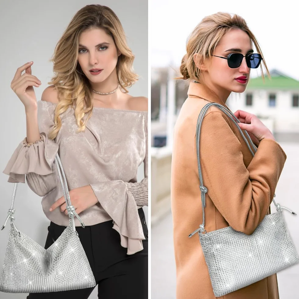 Torba crossbody z kryształem górskim srebrna kopertówka stras wieczorowa