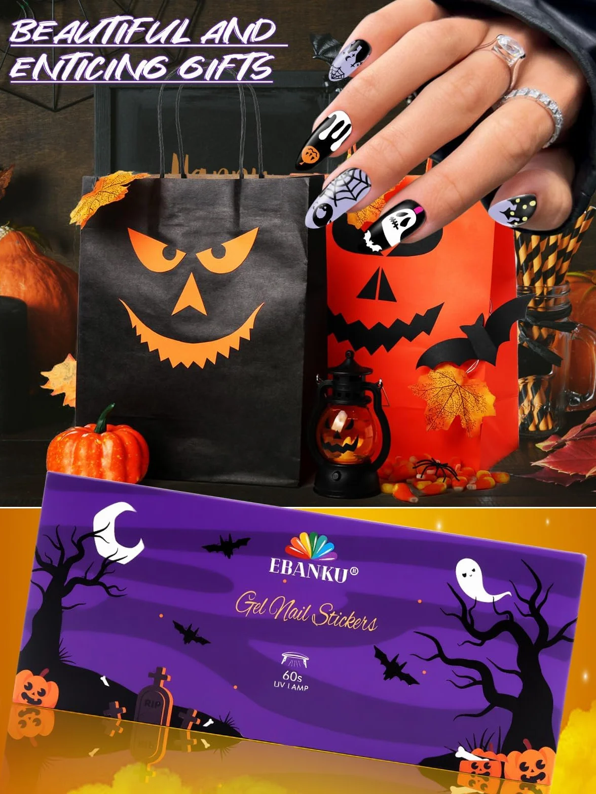 EBANKU Zestaw 55 Sztuk Żelowych Pasków do Paznokci na Halloween, DIY Dekoracja Paznokci, Prezent dla Dziewczyn z Narzędziem