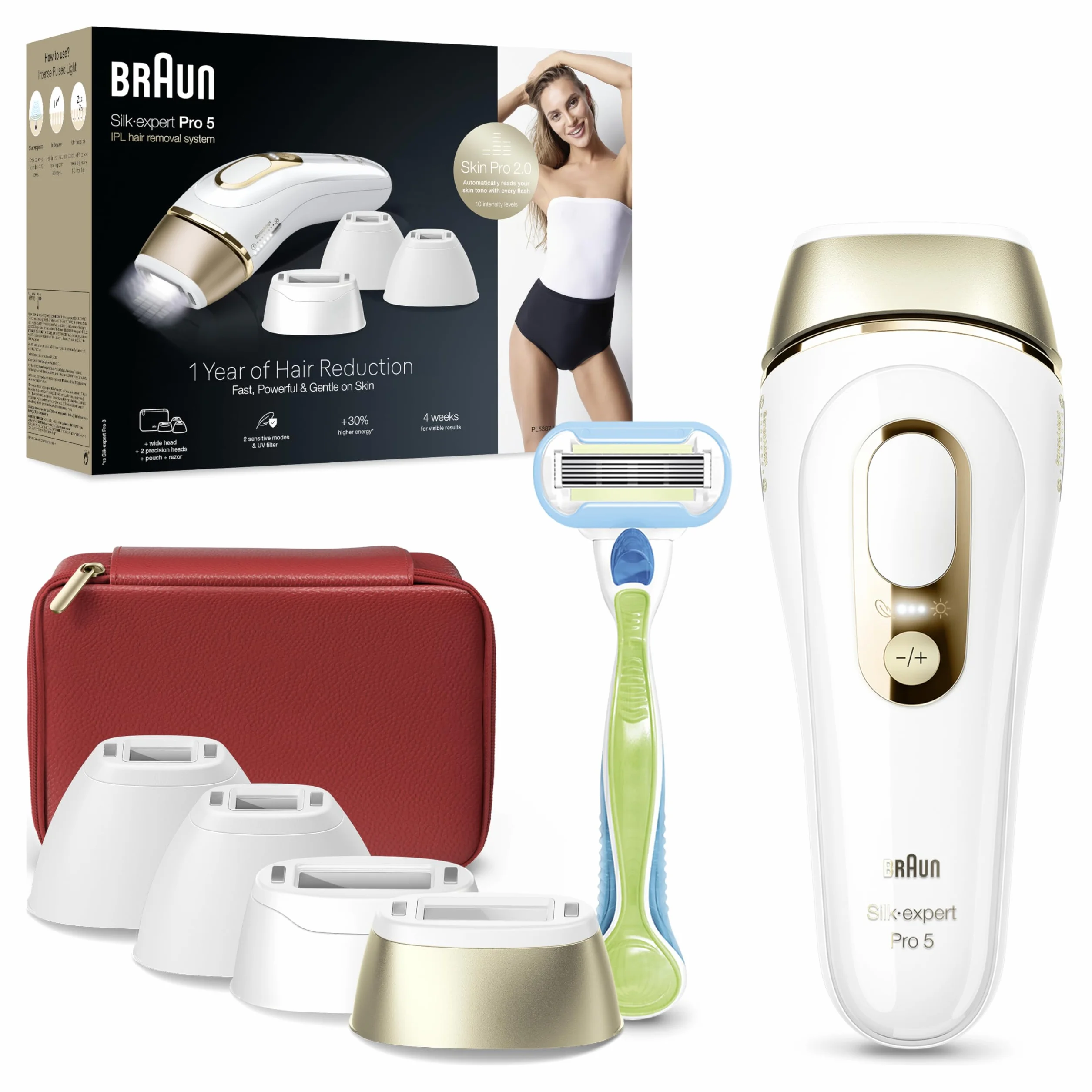 Braun Silk-Expert Pro 5 PL5382 IPL, usuwania owłosienia w warunkach domowych, alternatywa dla depilacji laserowej, w zestawie saszetka, golarka Venus, 4 głowice, prezent dla kobiet, kolor biały/złoty