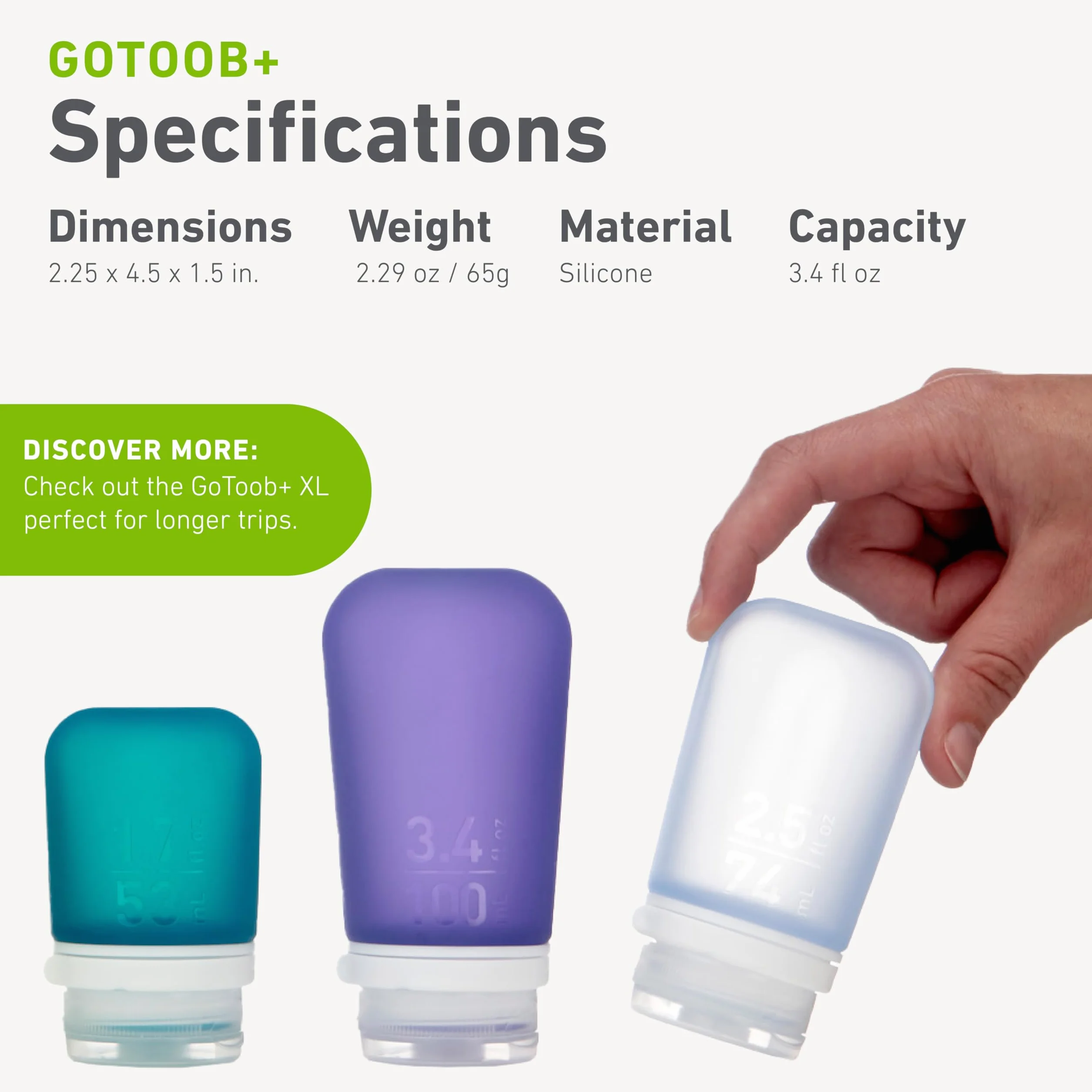 humangear GoToob+ duża butelka podróżna GoToob+ 100 ml z nakrętką blokującą, duża, 100 ml, przezroczysta, duża