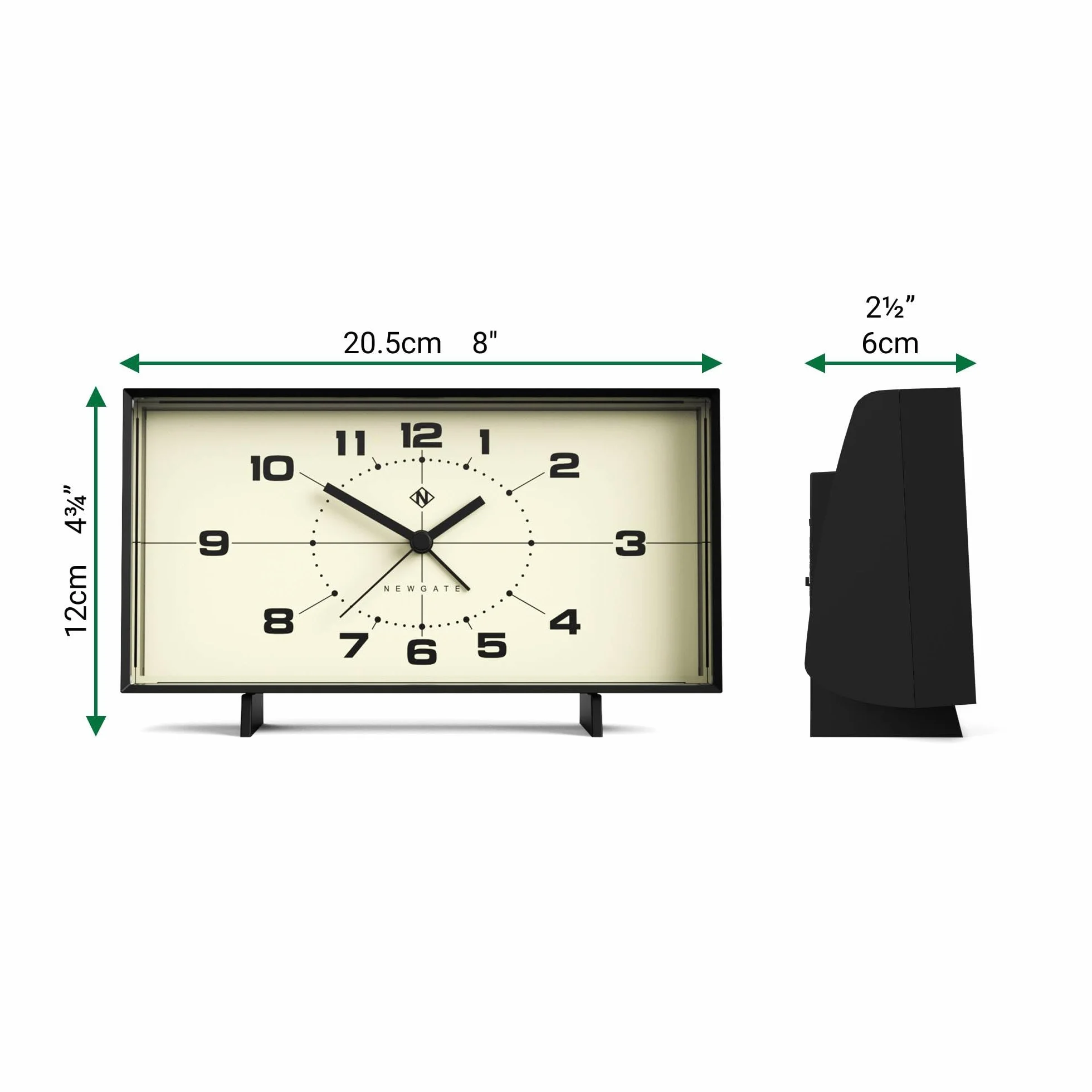 NEWGATE Budzik Wideboy | Prostokątny design retro | Czarny | Tarcza z połowy wieku | Idealny do łóżka, biurka, kominka lub półki | Retro sypialnia i akcesoria biurowe