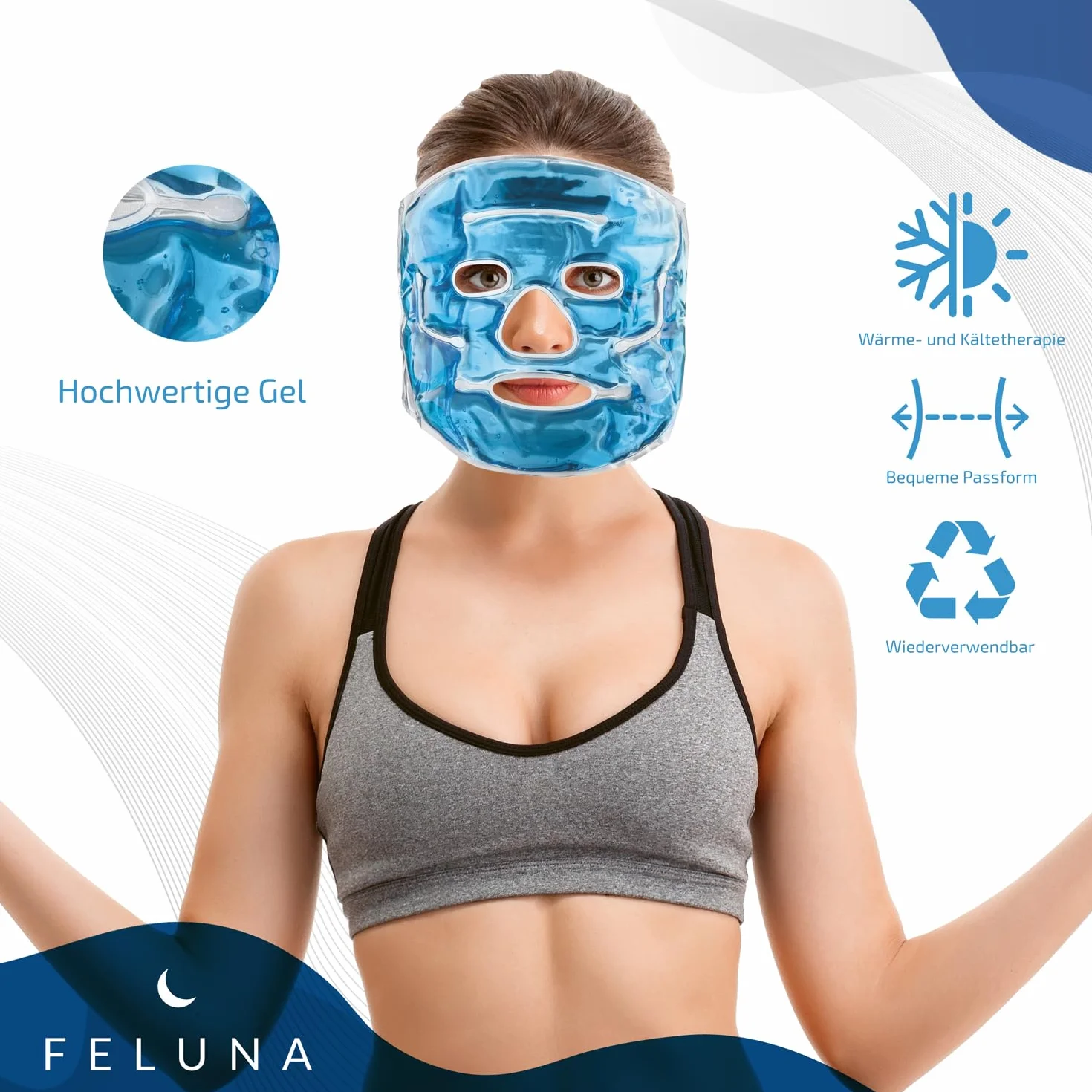 Feluna® Żelowa maseczka relaksująca na twarz, Maseczka wellness do terapii zimnem, Maska chłodząca na oparzenia słoneczne i alergie, Maska relaksująca na migrenę i ból głowy (maska na twarz)
