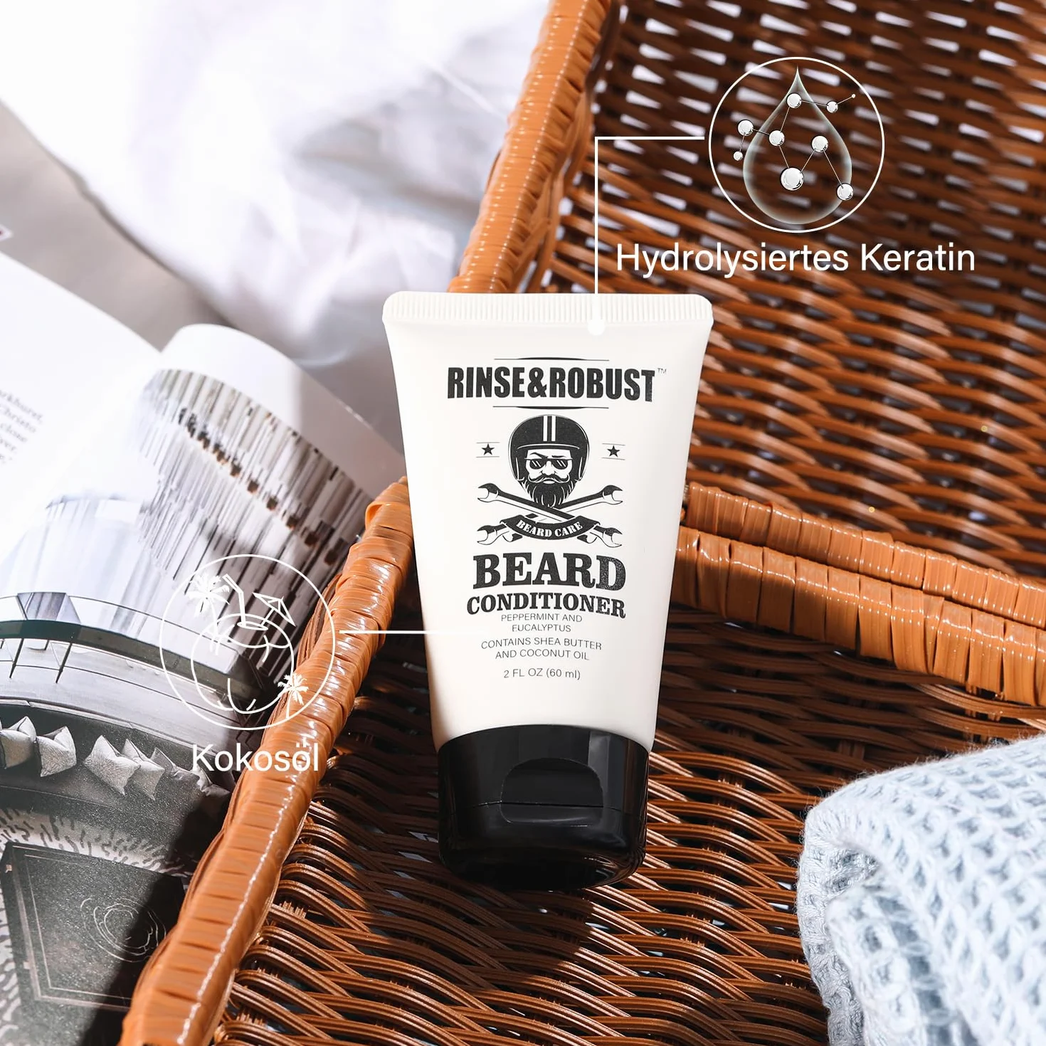 Rinse&Robust 8-częściowy zestaw do pielęgnacji brody z torbą podróżną, zapachem eukaliptusa, szczotką, grzebieniem, nożyczkami do brody, szamponem do brody