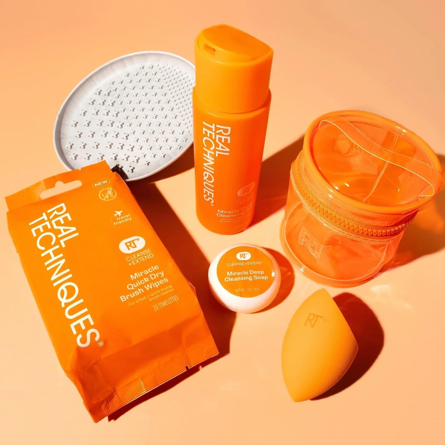 Real Techniques Miracle Blend + Cleanse 3 Piece Set, Makeup Sponge For Blending Foundation & Solid Soap For Deep Cleaning Sponges, Includes Travel Storage Tote, Cruelty-Free, & Latex-Free