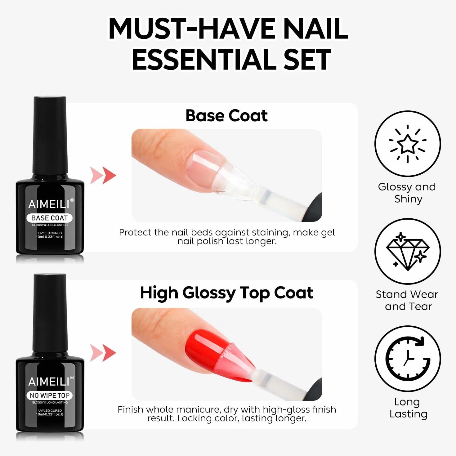 AIMEILI Nail Prep i podkład i lakier nawierzchniowy do żelu, dehydratora i podkładu i lakieru półtrwałego do paznokci zestaw 4 x 10 ml