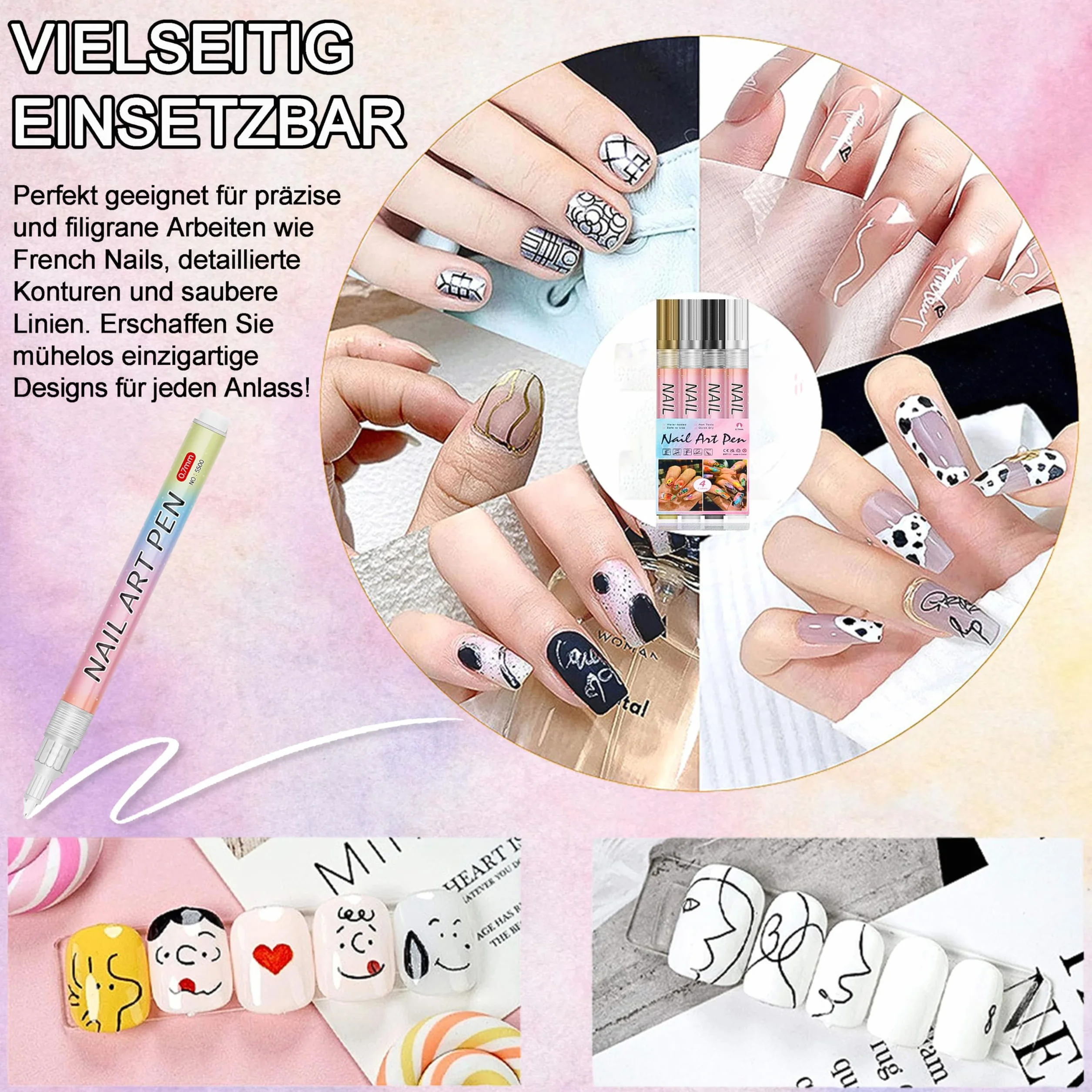 4 kolory Nail Art Pen 3D, zestaw pisaków do malowania paznokci, DIY do malowania paznokci, graffiti, końcówki do paznokci, akcesoria do manicure, do stylizacji paznokci (kolorowe, 4 szt.)
