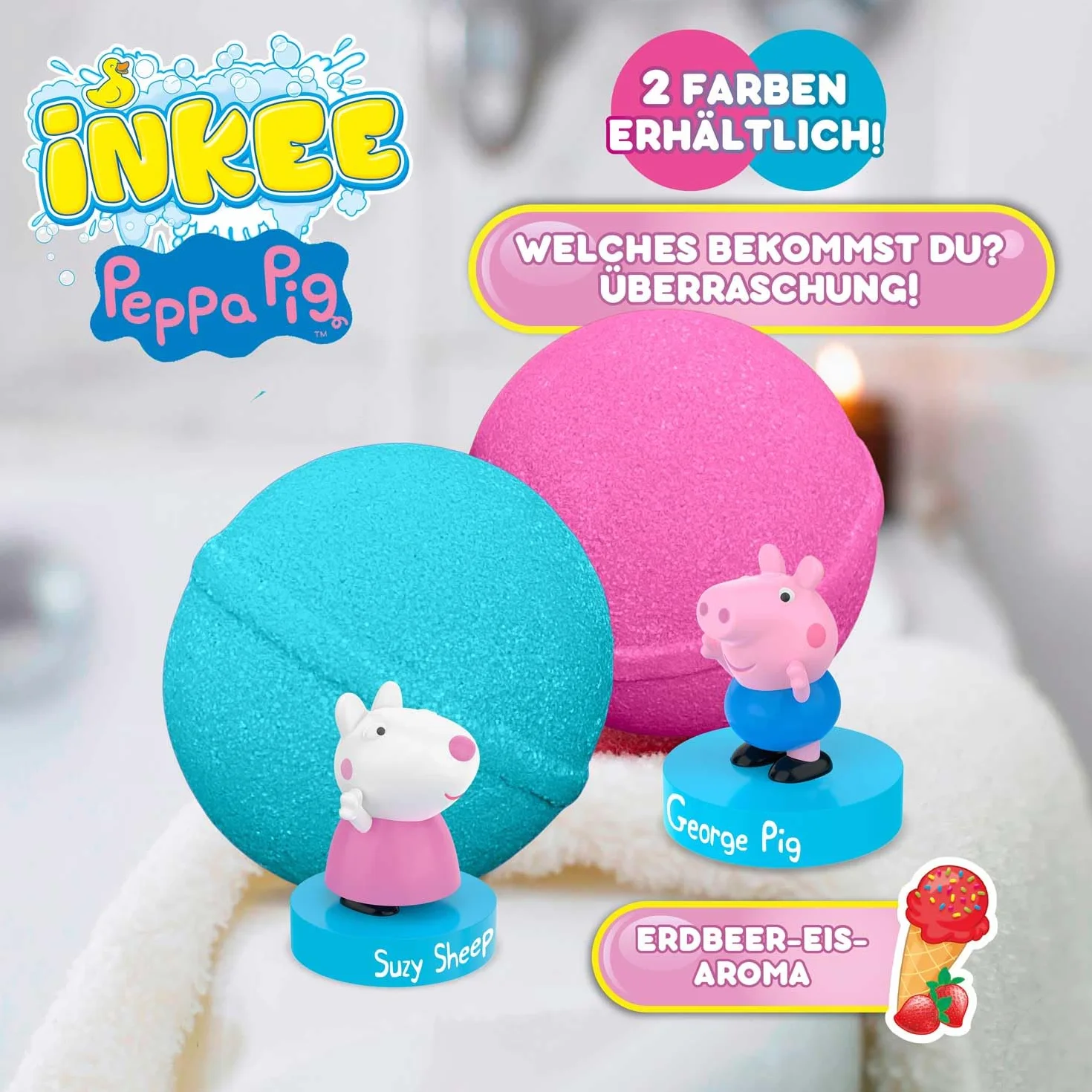 INKEE Surprise zestaw 5 kulek do kąpieli dla dzieci z niespodzianką, świnka Peppa, zabawka do wanny, o zapachu truskawkowym i efekcie pianki