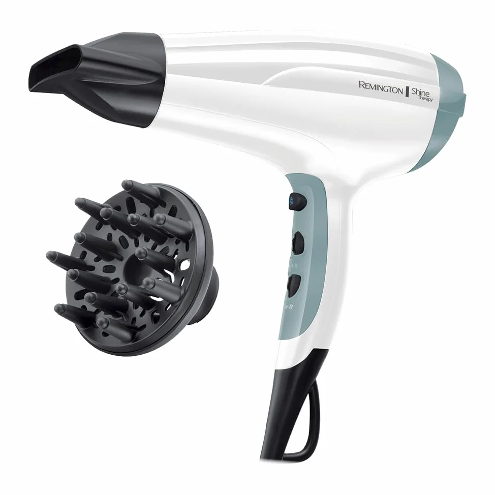 Remington suszarka do włosów z jonizacją, 3 ust. nagrzewania i 2 ust. nawiewu, koncentrator i dyfuzor, zimny nawiew, uchwyt do zawieszenia, łatwa do czyszczenia, moc 2300W, biała, Shine Therapy D5216
