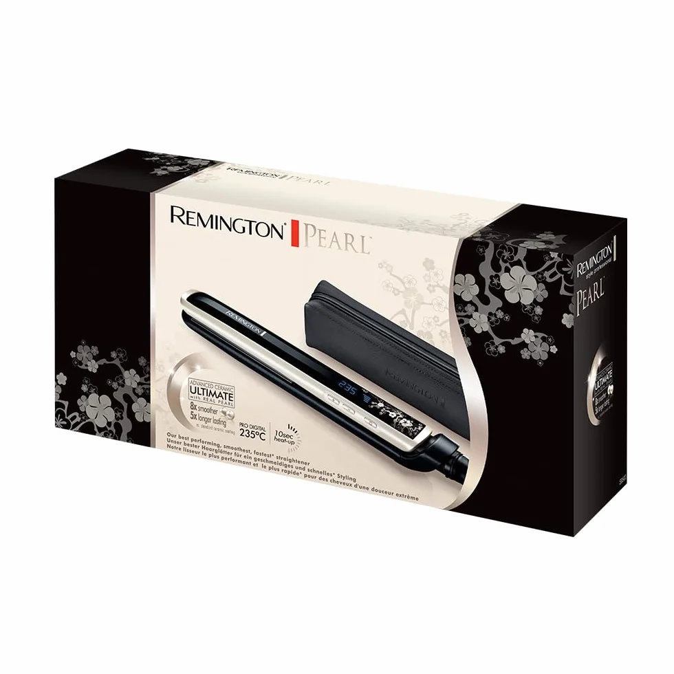 Remington prostownica do włosów, powłoka ceramiczna z perłami, zakres temp. 150-235°C, szybkie nagrzewanie, ruchome płytki, obrotowy przewód 3m, blokada płytek, etui, czarno-biała, Pearl Pro S9501