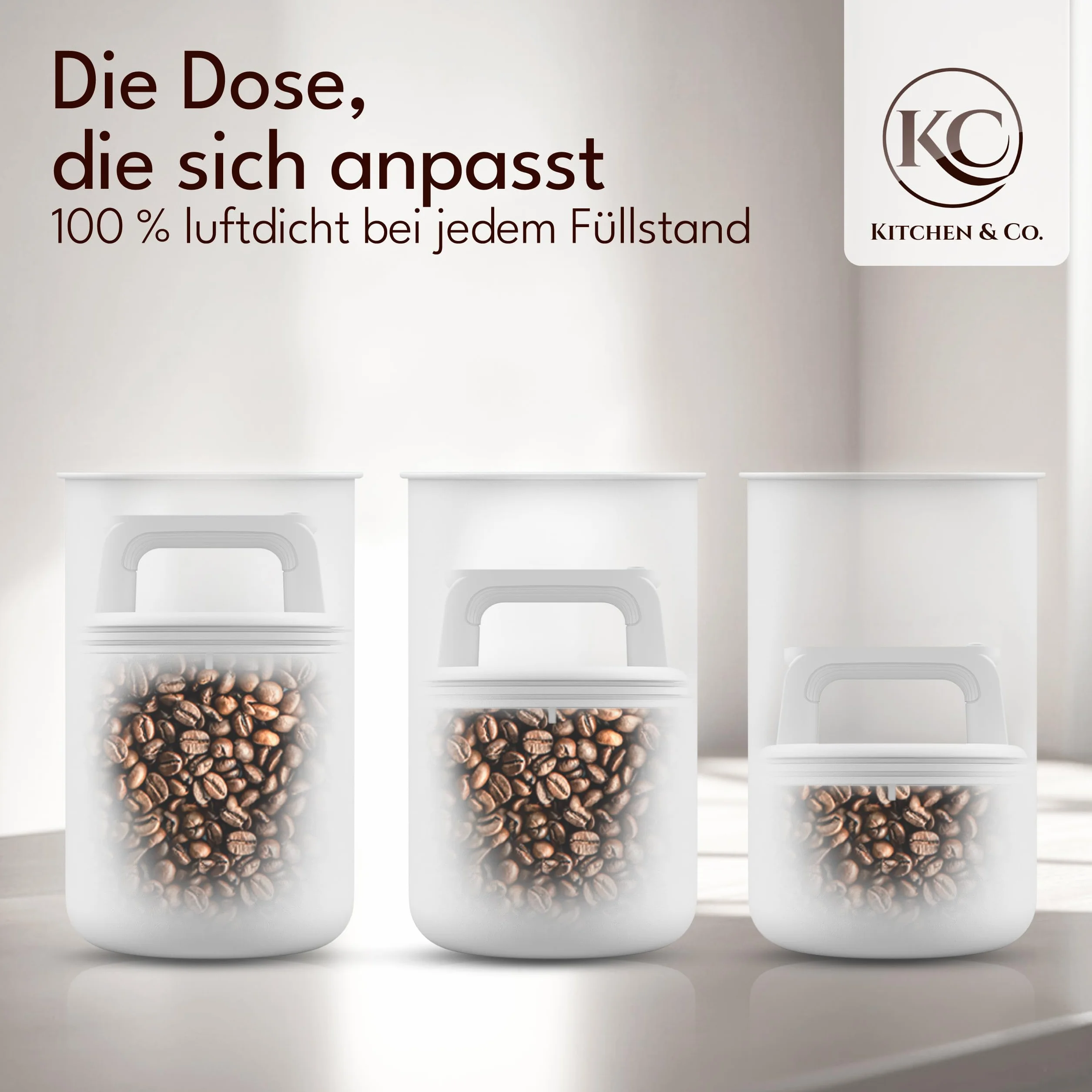 KC Kitchen & Co. Hermetyczna puszka na kawę na 1 kg ziaren kawy – puszka ze stali nierdzewnej z pokrywką próżniową i zamknięciem zapachowym – puszka do przechowywania kawy, herbaty, cukru, musli