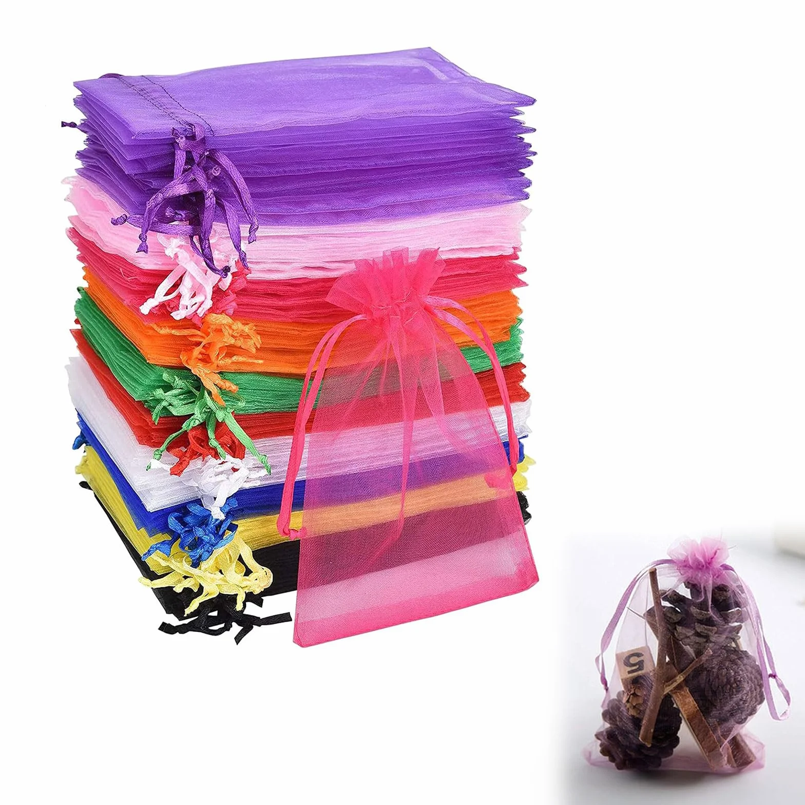 KARELLS Woreczki z organzy, 100 sztuk, 100 szt., 10 x 15 cm, kolorowa torebka na biżuterię, lawendowa, woreczek prezentowy ze sznurkiem, na Boże Narodzenie, ślub, przyjęcie urodzinowe
