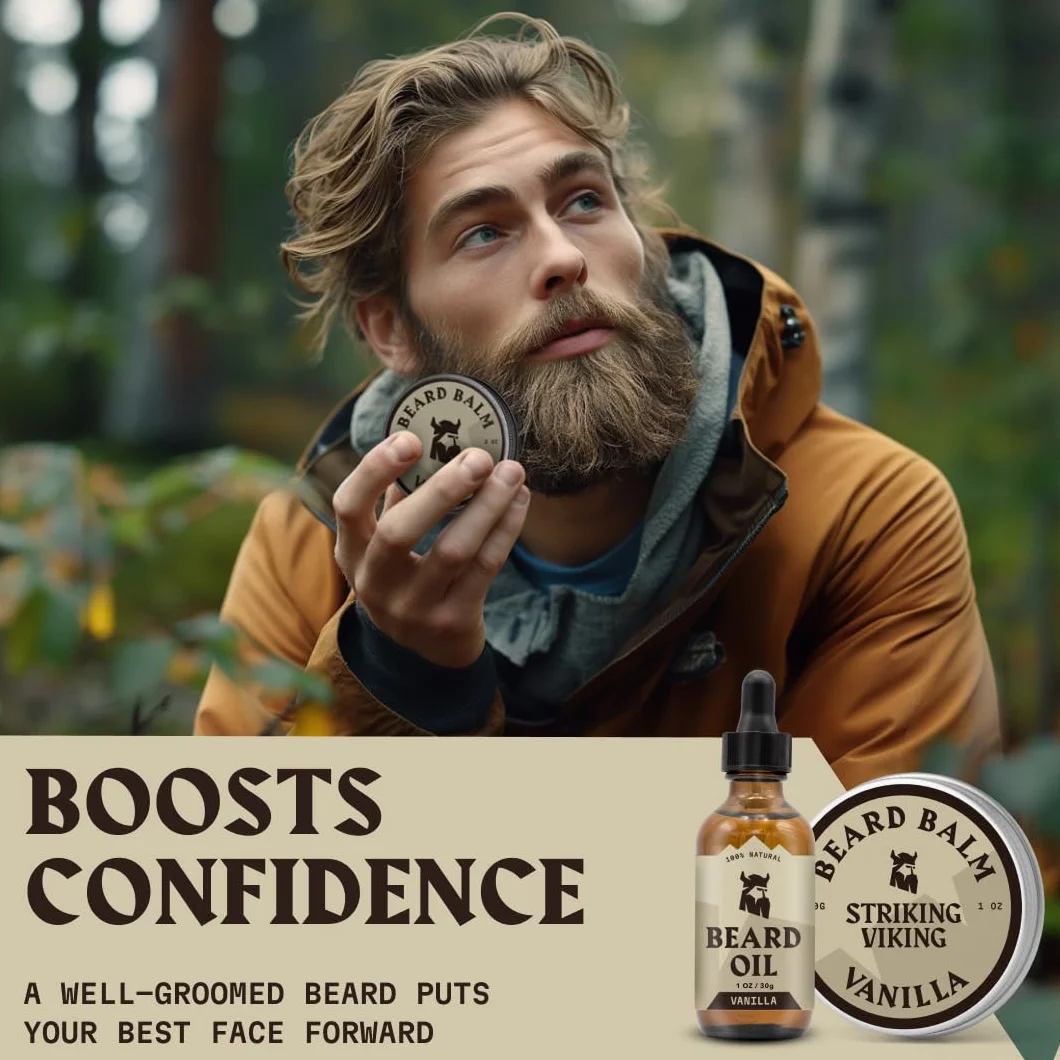Striking Viking Beard Oil and Balm - Leave in Beard Conditioner - Tames, Styles, Softens, Moisturizes Beards and Mustache - Made with All Natural and Organic Argan and Jojobo, Olejki waniliowe