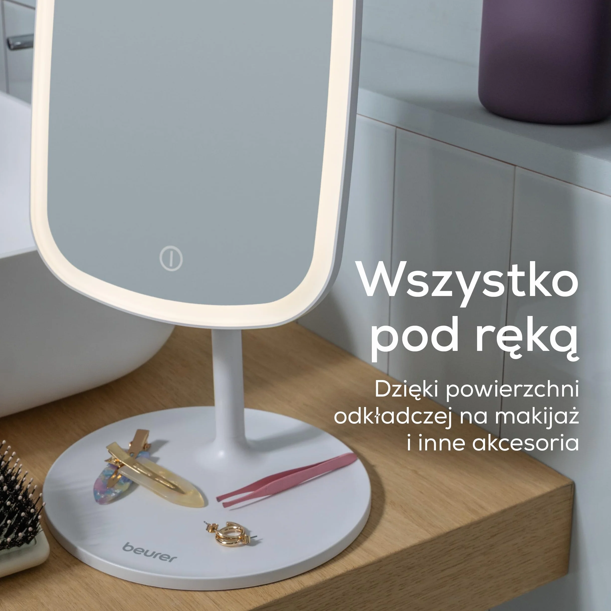 Beurer BS 47 Lusterko kosmetyczne, lusterko do makijażu z oświetleniem w 3 kolorach, z uchwytem magnetycznym, obracane o 360°, zdejmowana powierzchnia lusterka, praktyczne lusterko łazienkowe z półką