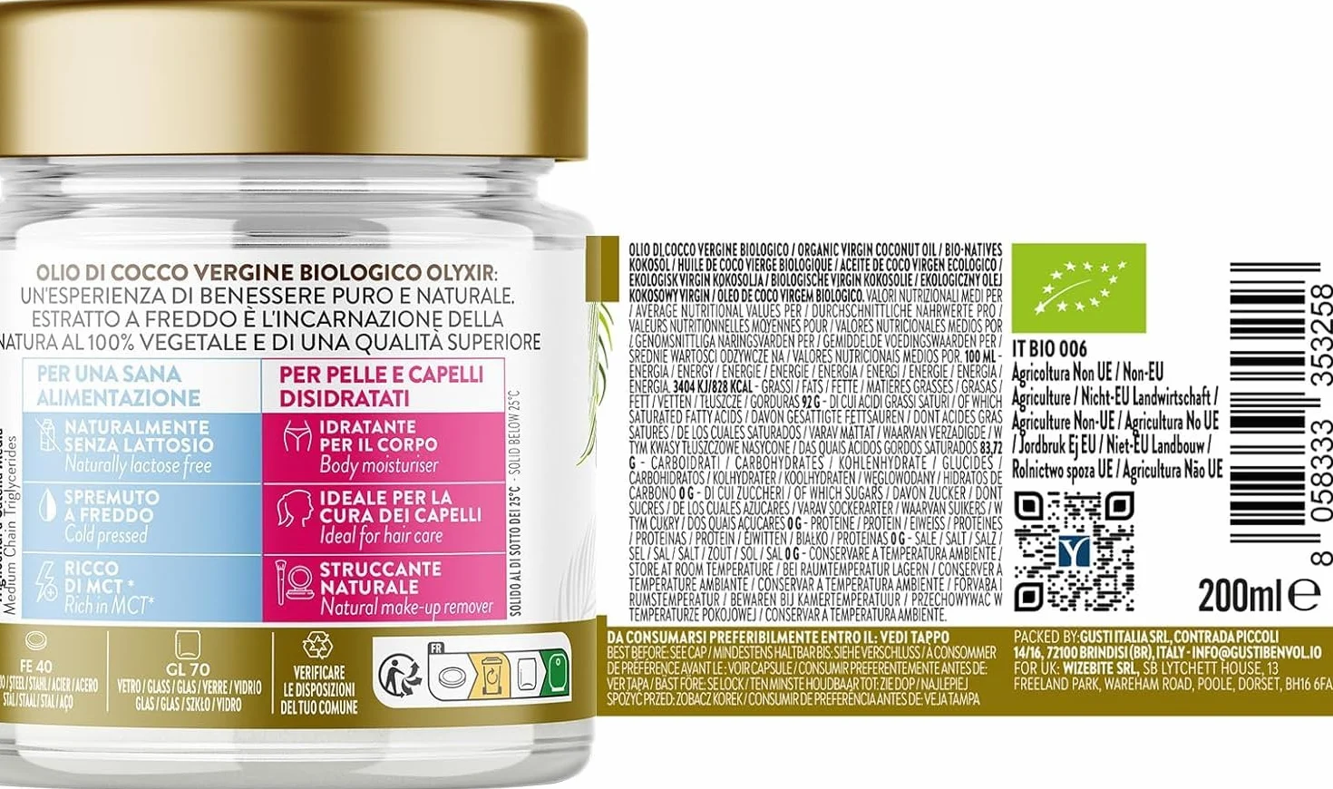 OLYXIR - Ekologiczny olej kokosowy do kosmetyków, tłoczony na zimno, 200 ml, naturalny środek do usuwania makijażu, nawilżający naturalny kosmetyk, olej kokosowy, do skóry, ciała i włosów, organiczny