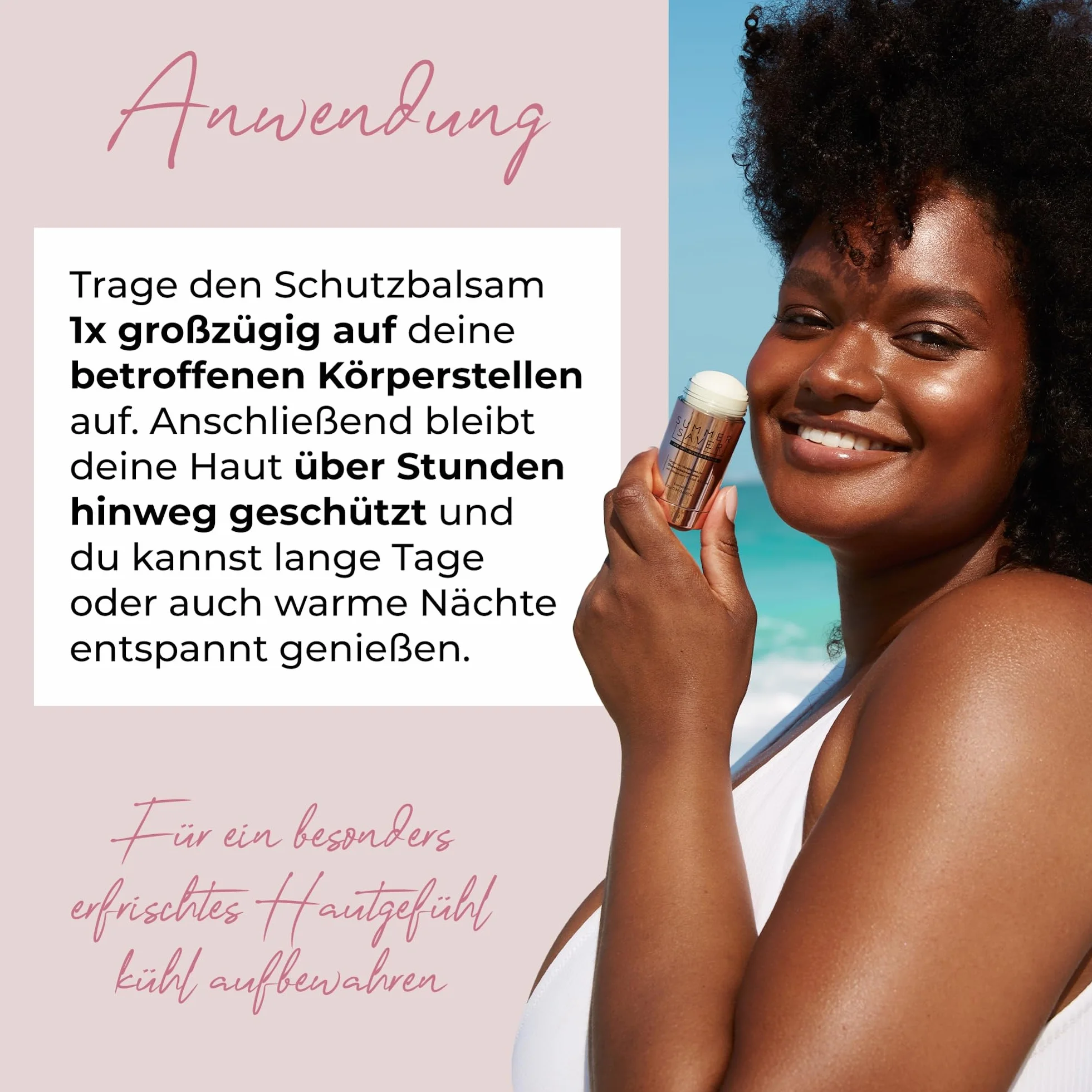 SUMMERSAVER Woman – sztyft przeciw otarciom 25g – do ud, pach i okolic biustonosza – z olejem kokosowym i migdałowym, witaminą E, alantoiną – produkt wegański, przetestowany dermatologicznie