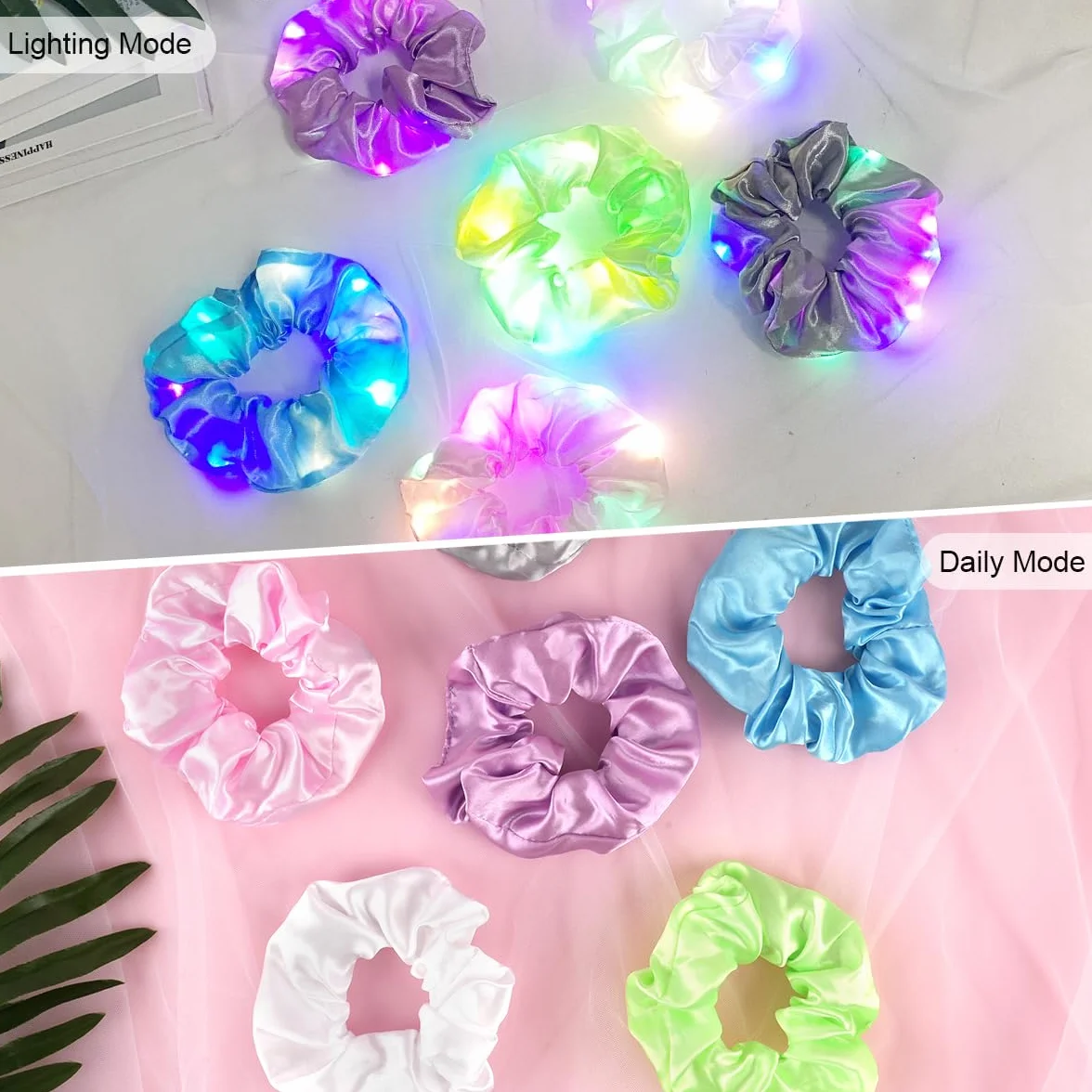 URAQT LED Light Up Elastyczne opaski do włosów, 6 sztuk świecących opasek do włosów, 3 kolory Tryby świecenia Gumki LED, rozświetlające gumki do włosów na Halloween Rave Glow Party