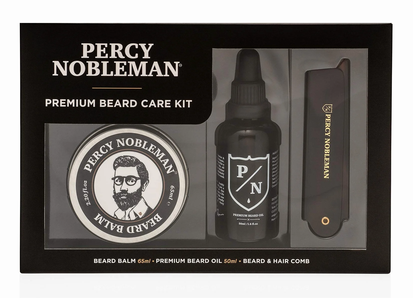 Zestaw do pielęgnacji brody Premium Percy Nobleman, zestaw do pielęgnacji brody z limitowanej edycji, zawierający olejek do brody, balsam do brody i składany grzebień
