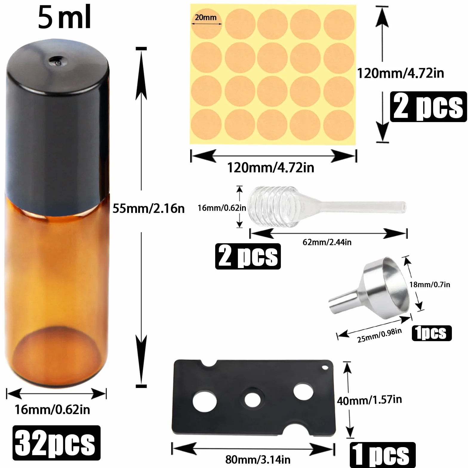 DKBT 32 puste butelki 5 ml rollon na olejki eteryczne, brązowe, na olejki eteryczne, wałek ze stali nierdzewnej, olejki eteryczne, balsamy, perfumy, masaż, 32 szt