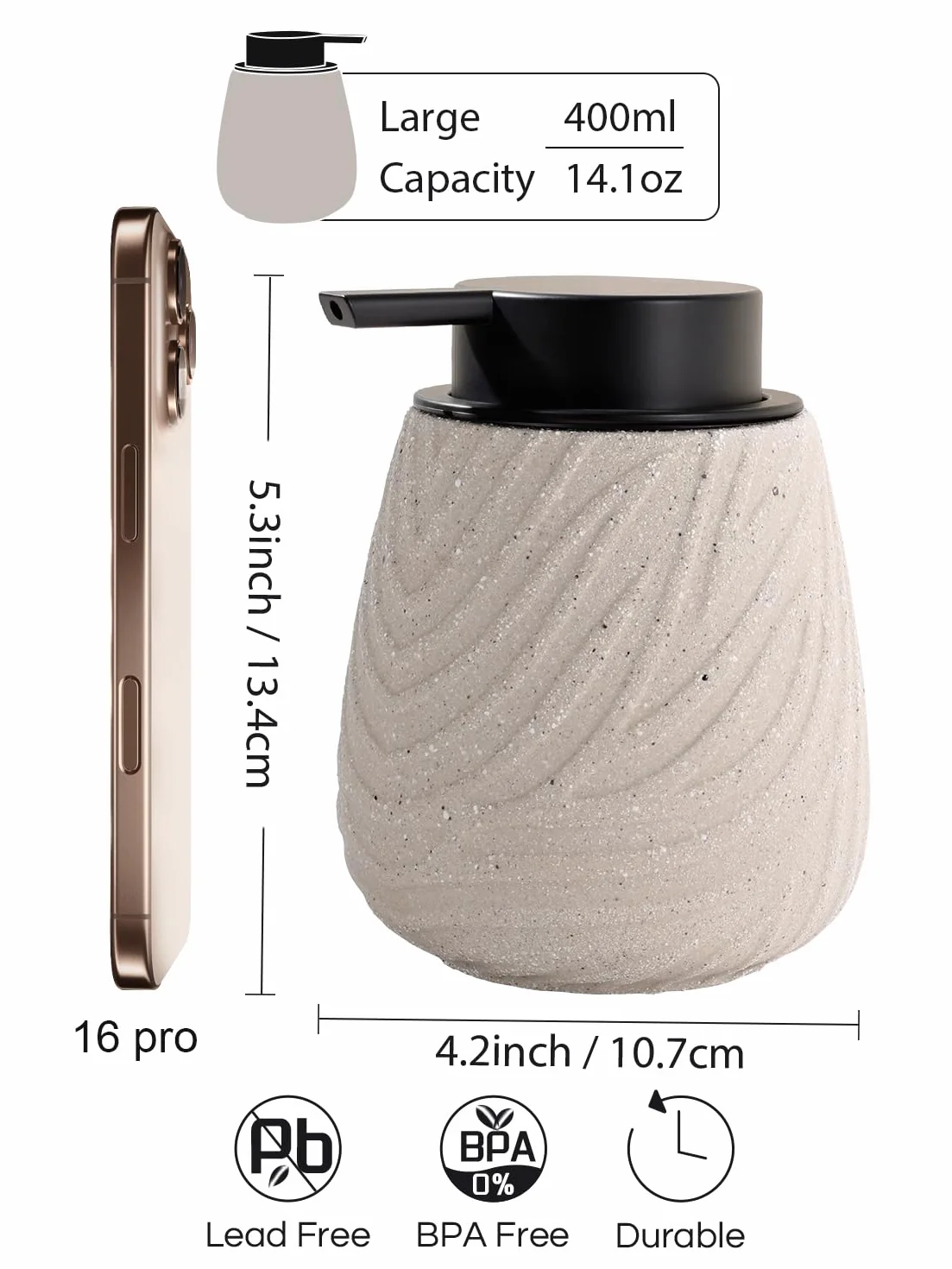 Dozownik mydła z pianki, dozownik płynu do mycia naczyń, 400 ml, naturalny beżowy, z dużą głowicą pompki, ceramiczny dozownik mydła piankowego do kuchni, łazienki