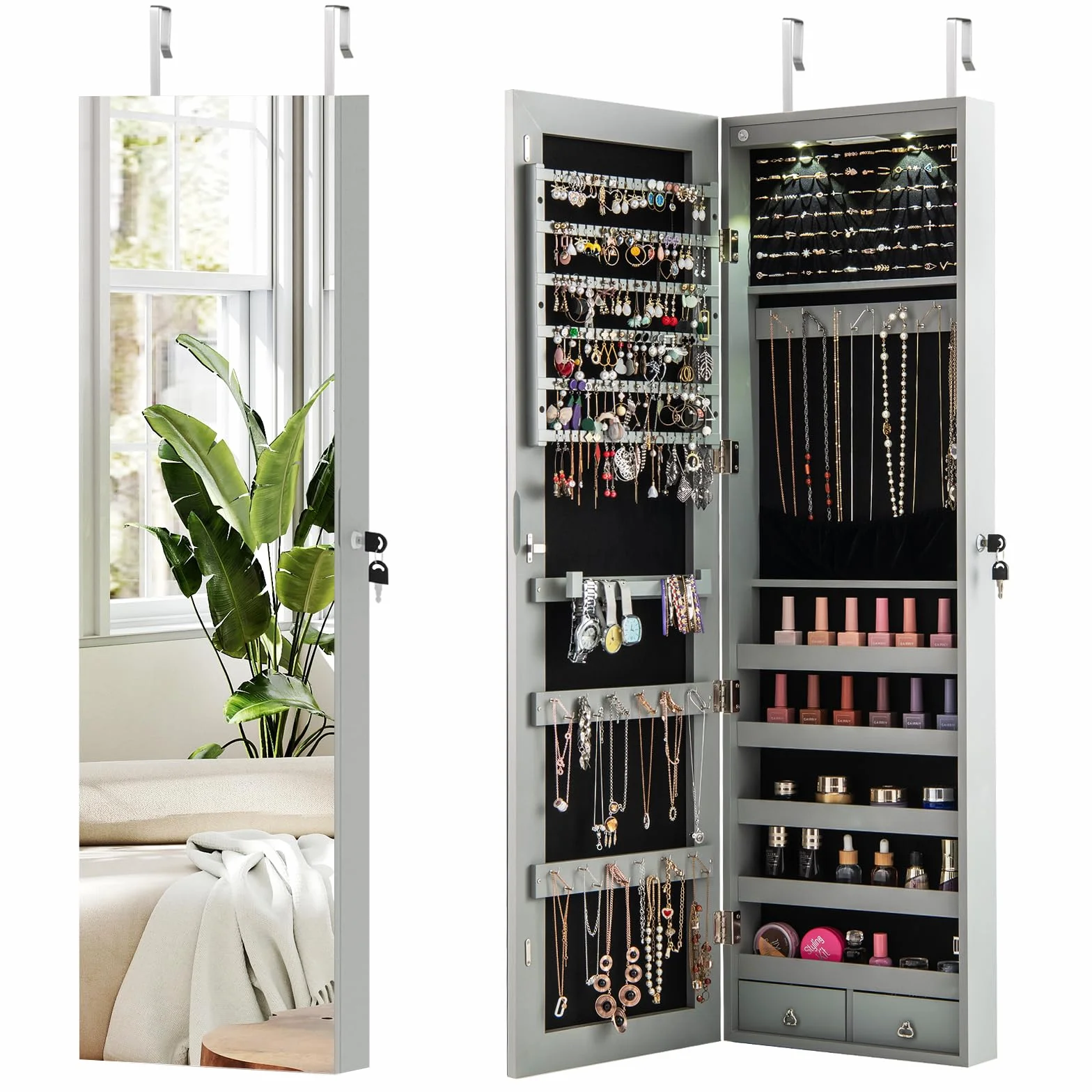 COSTWAY Szafka na biżuterię z lustrem LED, regał na biżuterię, zamykany na klucze, lustro ścienne, szafka z lustrem, do przechowywania biżuterii, 120 x 35,5 x 10 cm (szara)