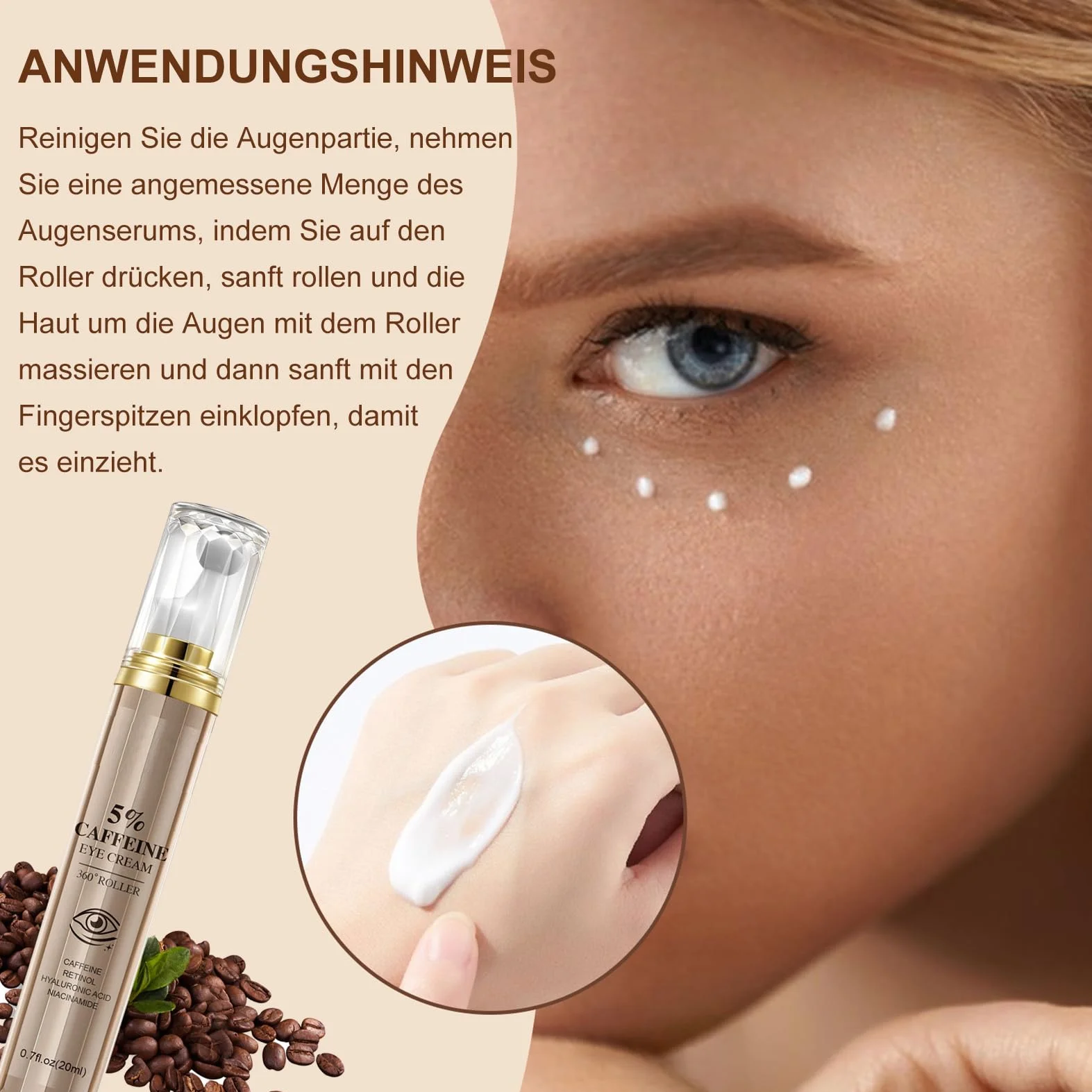 Serum do oczu z kofeiną, krem pod oczy przeciwko obrzękom i cieniami, serum przeciwstarzeniowe z 360° kulką do masażu, serum eliminujące cienie pod oczami – pielęgnacja oczu zmniejszająca worki pod