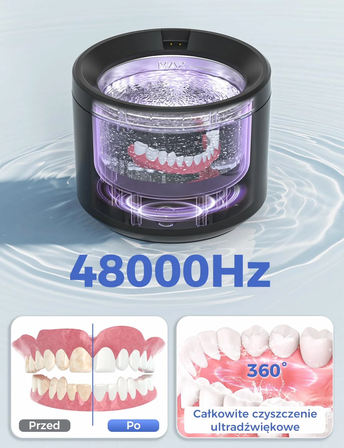 Myjka Ultradźwiękowa 48000Hz, 200ml Czyszczenie Ultradźwiękowe, Czyścidelko do Aparatu Ortodontycznego z Lampą UV, do Protez/Aparatów Ortodontycznych/Nakładek Jubilerskich, Czarny
