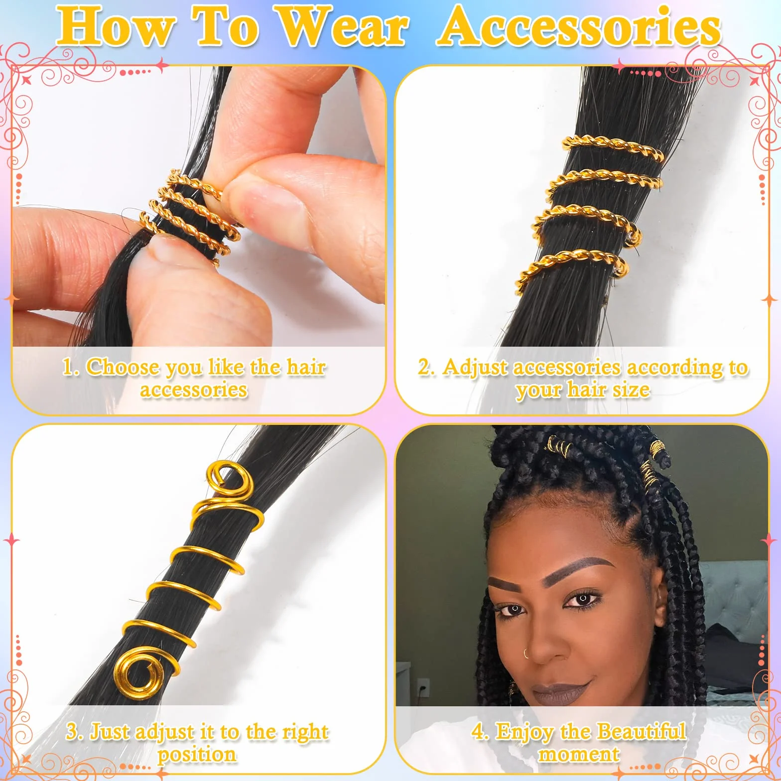 Lucomb 259 sztuk Hair Jewelry for Braids, Loc Jewelry for Hair Dreadlock, Hair Jewelry for Women, Metal Gold Braids Ring Cuffs Cuffs Clip for Dreadlock Accessories Hair Braids Jewelry Decorations