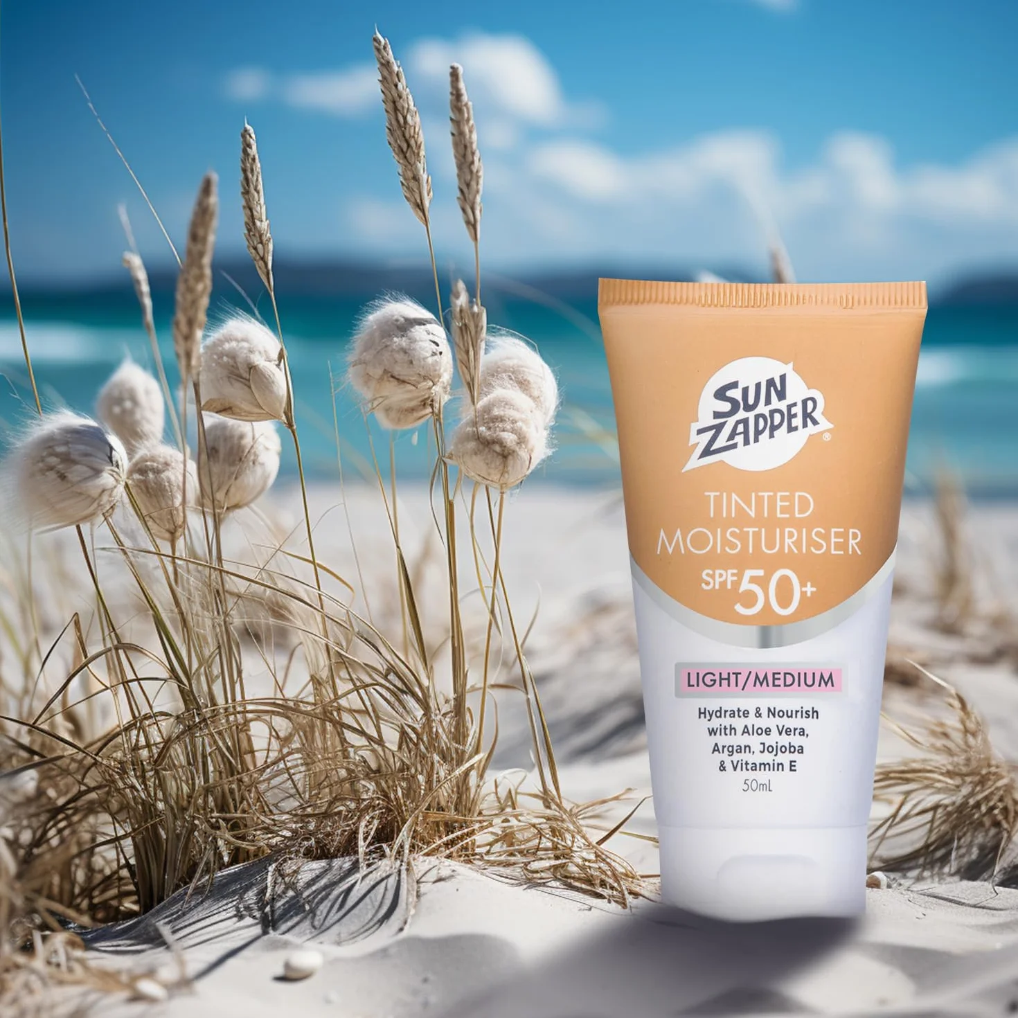 Sun Zapper BB Cream Tinted Sunscreen – SPF 50+ Moisturizer with Aloe Vera, Kakadu Plum, Jojoba, Witamina E, lekki, średni odcień, 50 ml, wyprodukowano w Australii